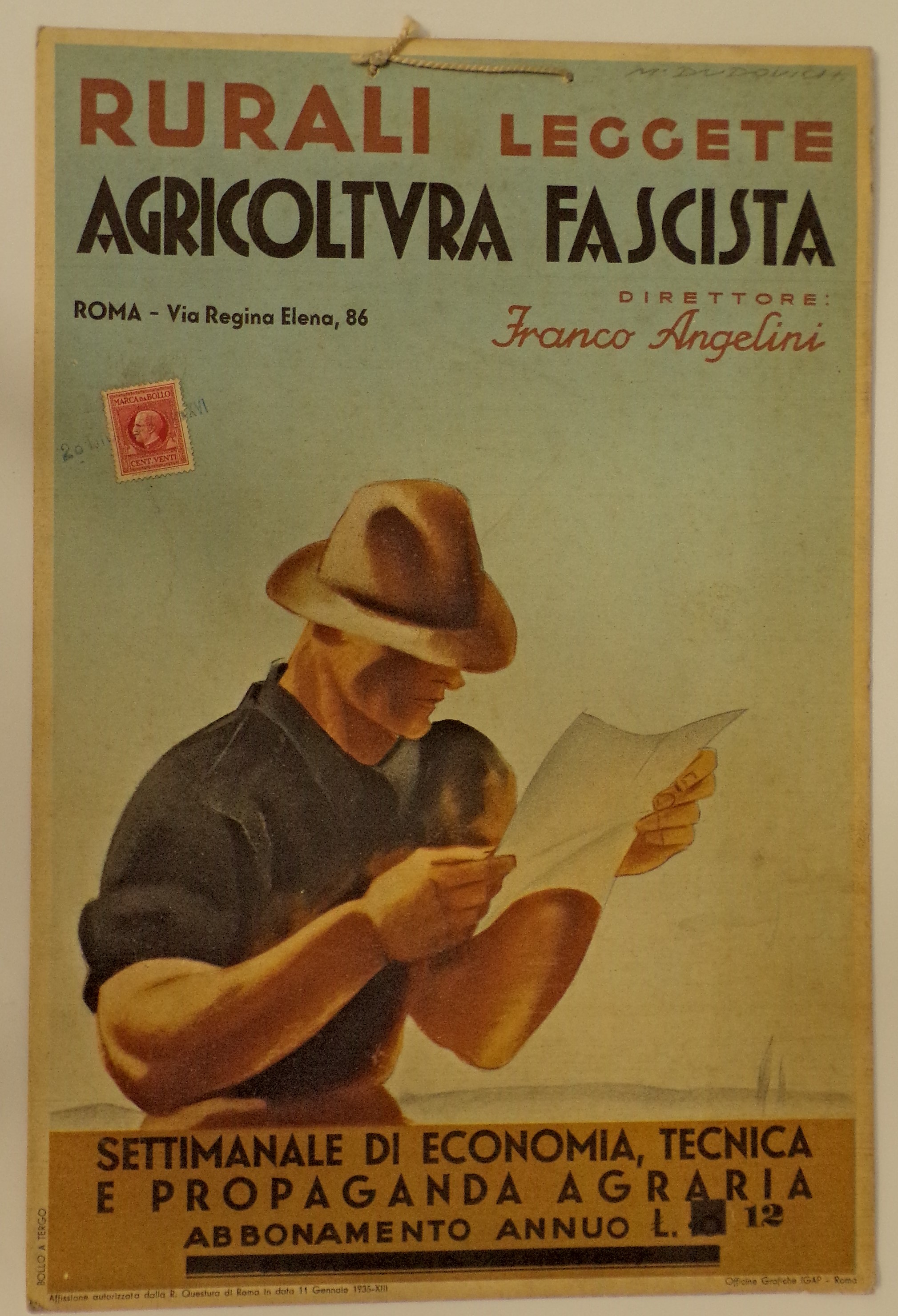 Rurali leggete agricoltura fascista, In un campo, un bracciante rurale con cappello e maniche rimboccate legge un foglio (locandina) di Dudovich Marcello - ambito romano (metà XX)