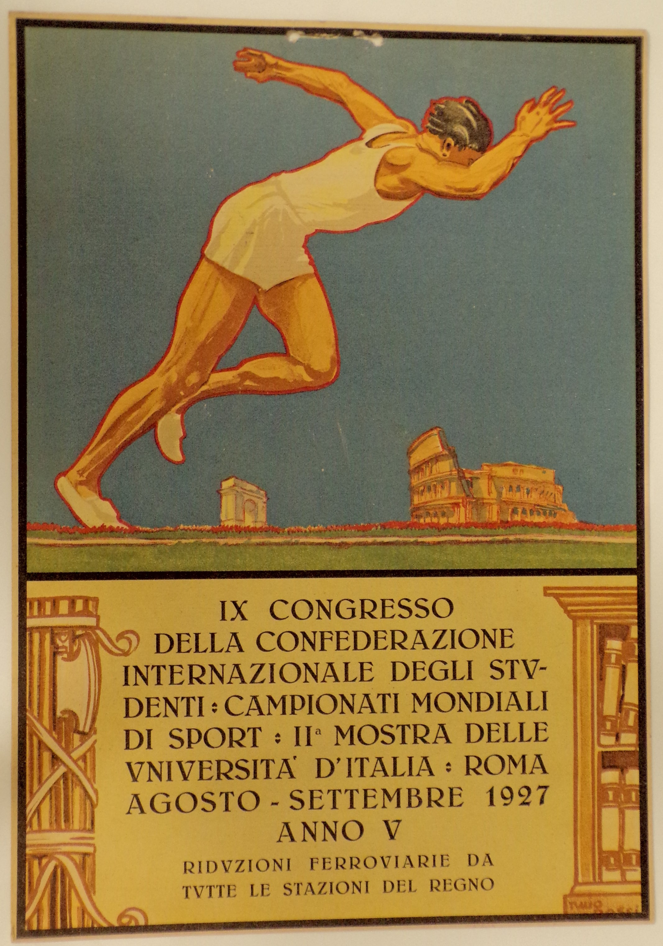 IX congresso della confederazione internazionale degli studenti, Podista in corsa su pista, il Colosseo e l'arco di Costantino sullo sfondo (locandina) di Tullio Rossi - ambito romano (secondo quarto XX)