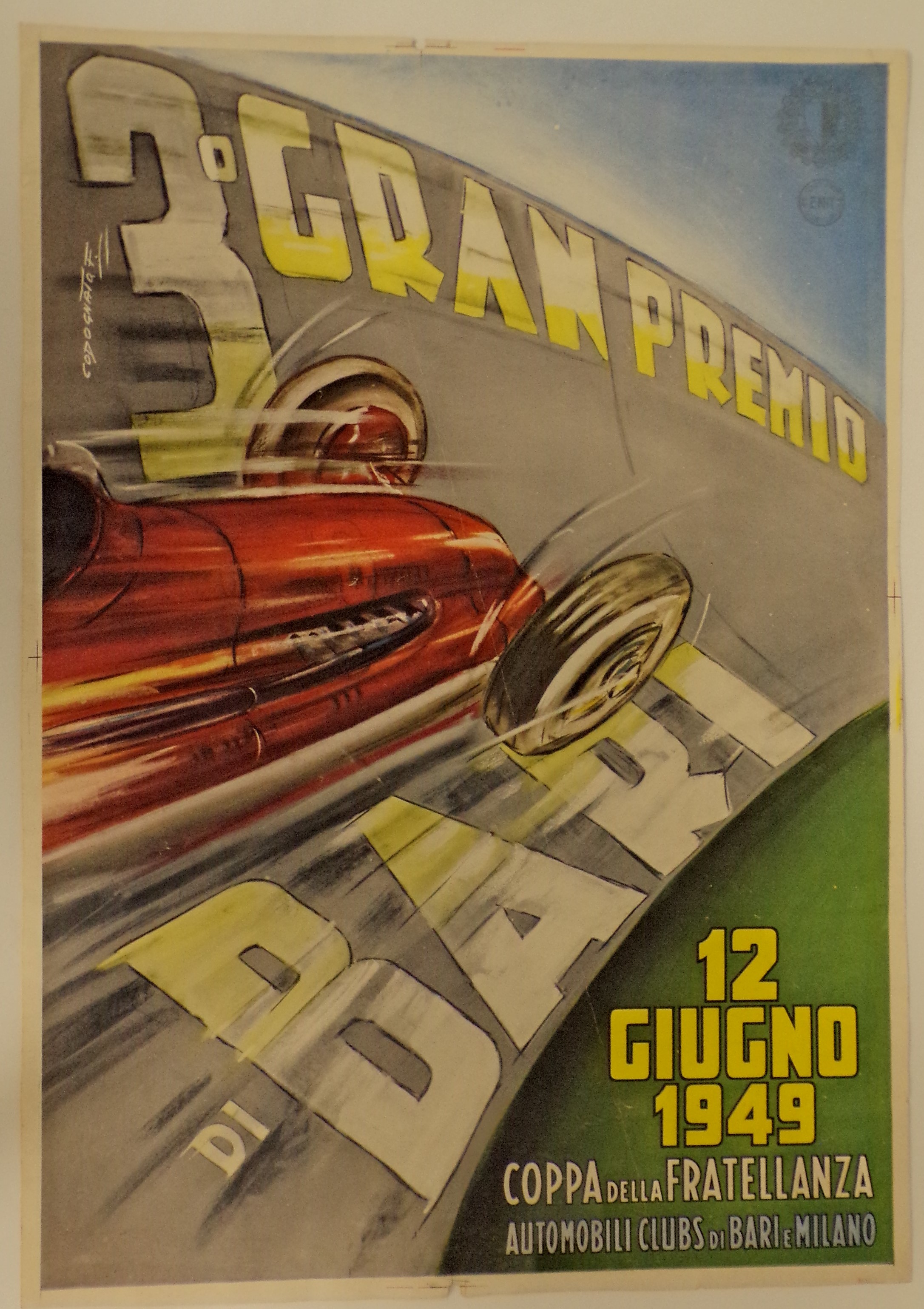 3° gran premio di Bari, Automobile da corsa in velocità su pista da gara (locandina) di Codognato Franco - ambito milanese, ambito barese (metà XX)