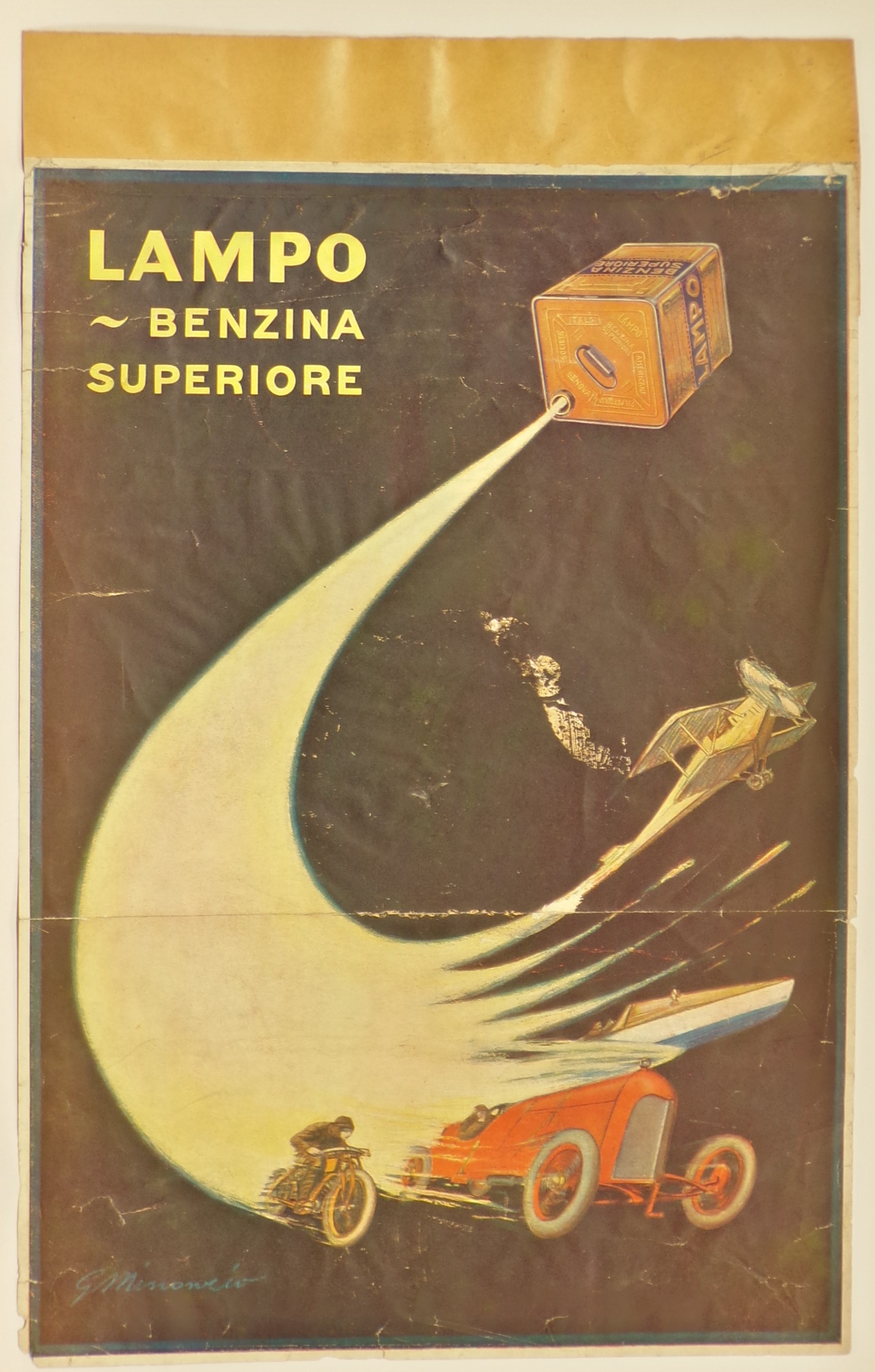 Lampo benzina superiore, Spruzzo di benzina fuoriuscente da tanica Lampo e terminante in immagini di aeroplano in volo, motoscafo da corsa, automobile da corsa e motocicletta (locandina) di Minonzio Giuseppe - ambito genovese (primo quarto XX)