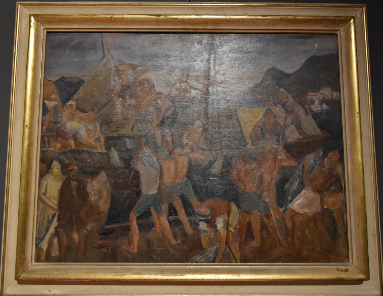 La mattanza dei tonni, marina con pescatori e barche (dipinto) di Barillà Pietro (secondo quarto XX)