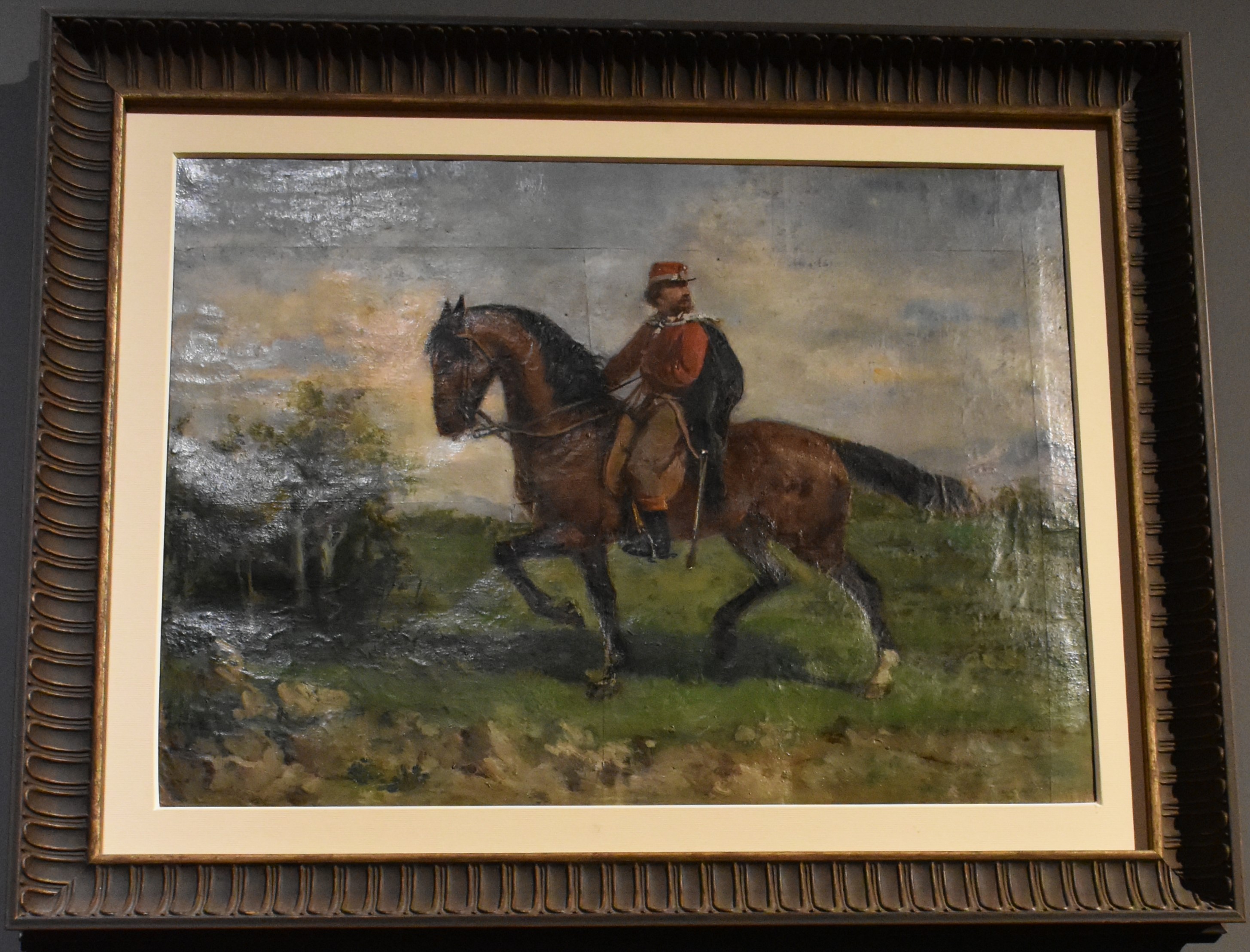 Autoritratto a cavallo in divisa da garibaldino, ritratto d'uomo (dipinto, opera isolata) di Cefaly Andrea (terzo quarto sec. XIX)