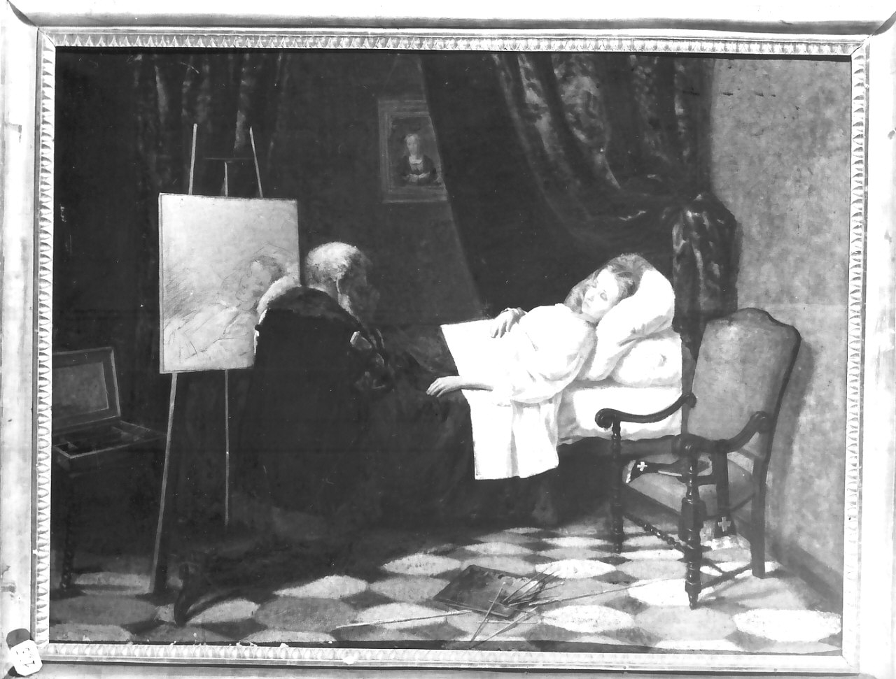 Il pittore ritrae la figlia morente, Tintoretto ritrae la figlia morente, La figlia del Tintoretto, interno con figure (dipinto, opera isolata) di De Martino Guglielmo (XIX)