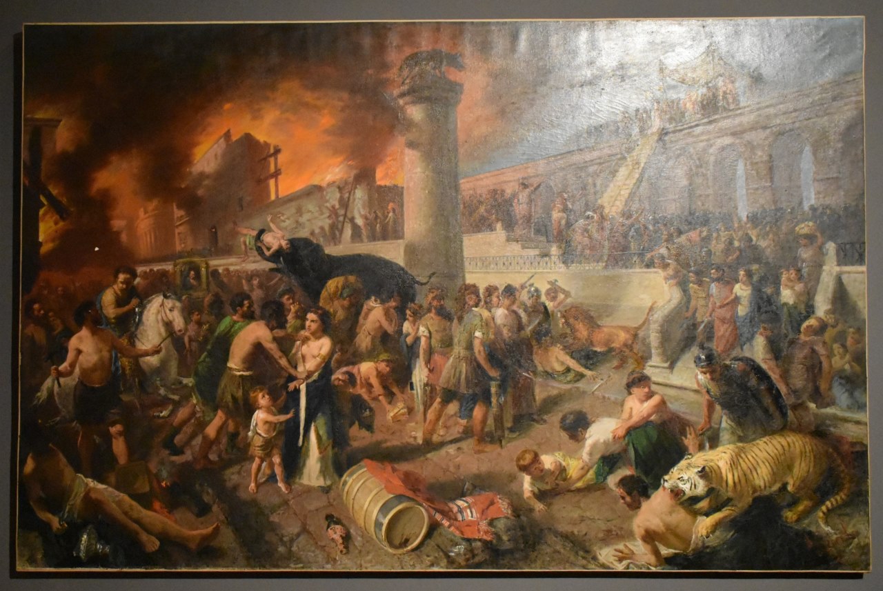 L'incendio di Roma, Nerone suona la lira durante l'incendio di Roma (dipinto, opera isolata) di Cefaly Andrea (inizio XX)
