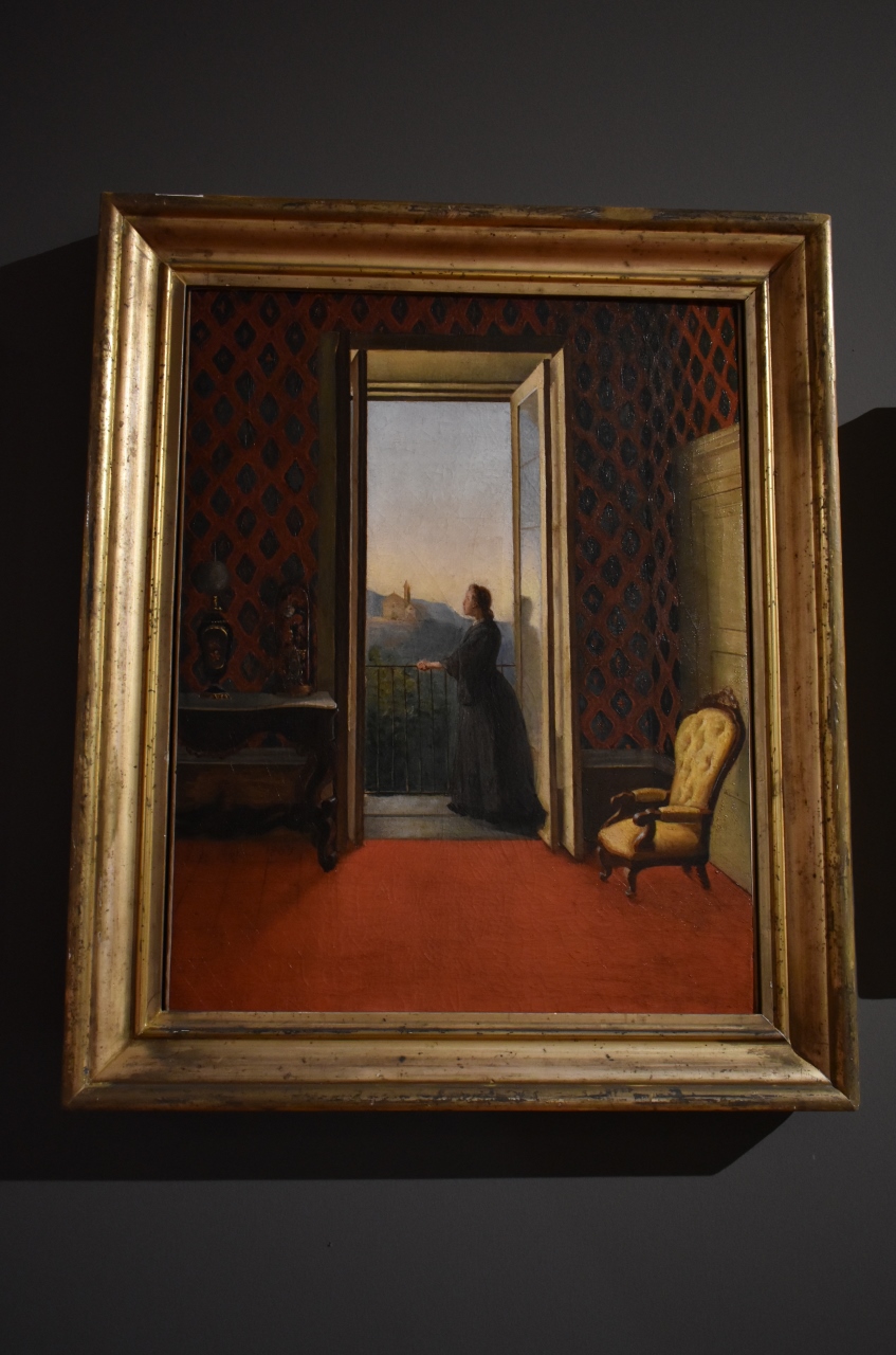 Attesa, interno con figura femminile (dipinto, opera isolata) di De Martino Guglielmo (XIX)