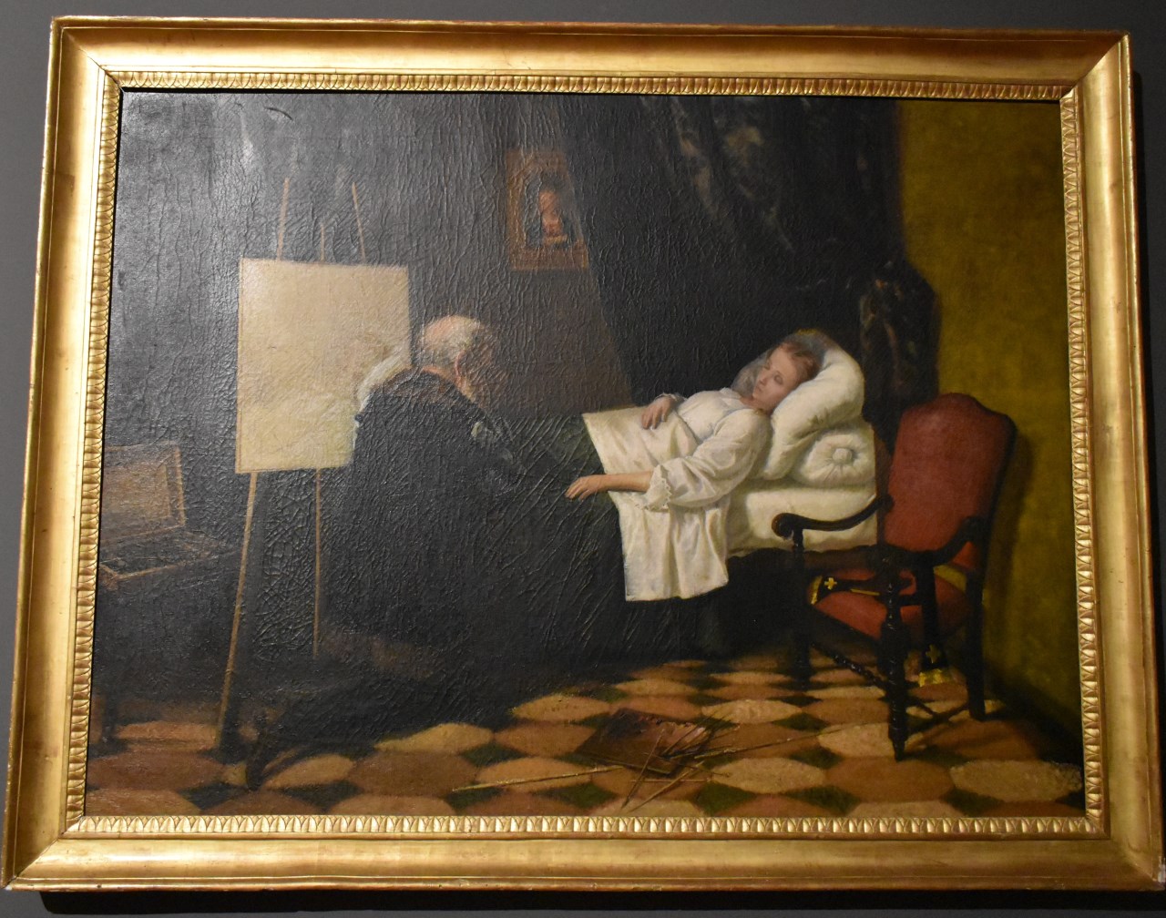 Il pittore ritrae la figlia morente, Tintoretto ritrae la figlia morente, La figlia del Tintoretto, interno con figure (dipinto, opera isolata) di De Martino Guglielmo (XIX)