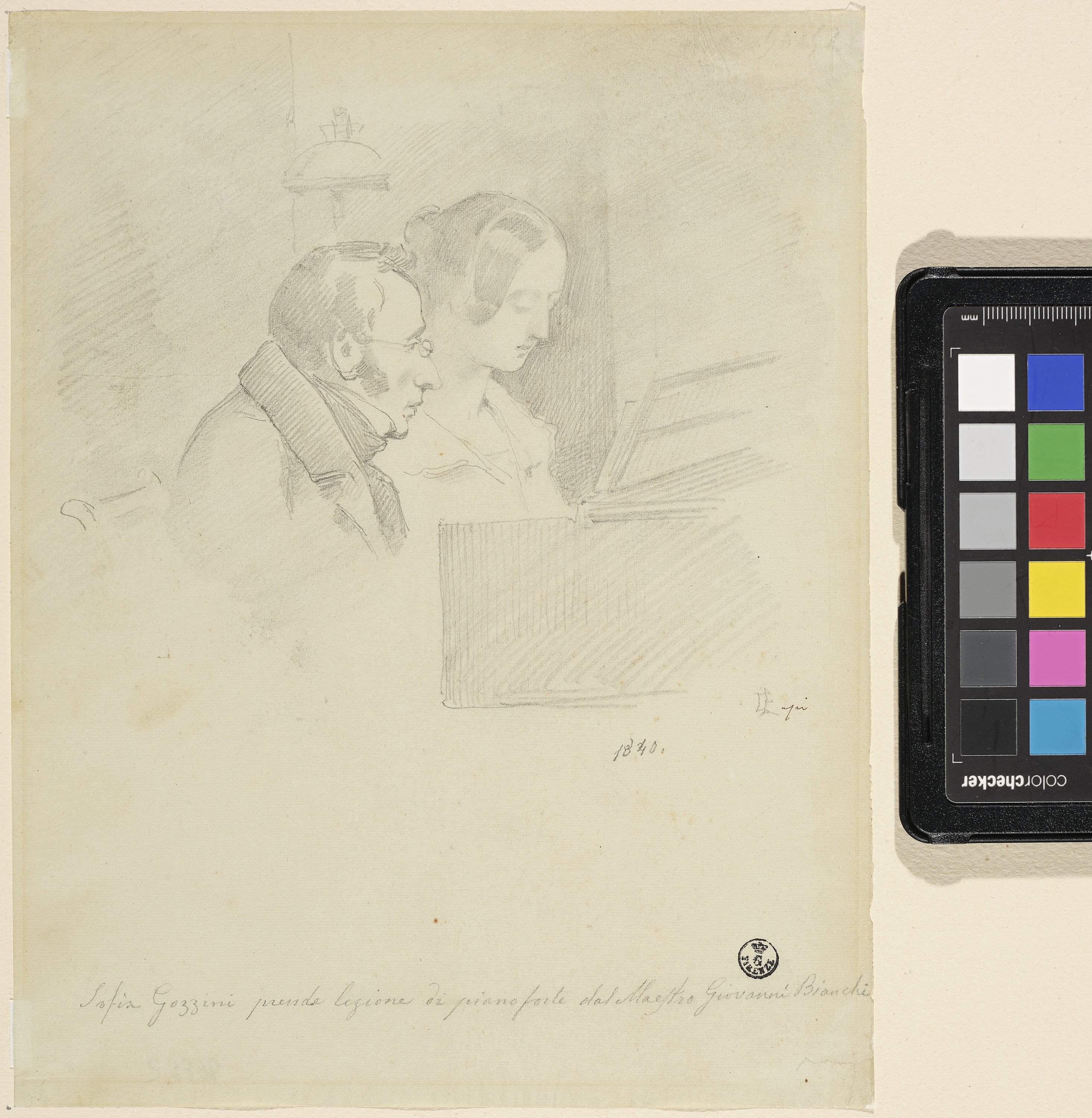 Sofia Gozzini che prende lezione di pianoforte dal maestro Giovanni Bianchi (disegno) di Lapi Emilio (XIX)