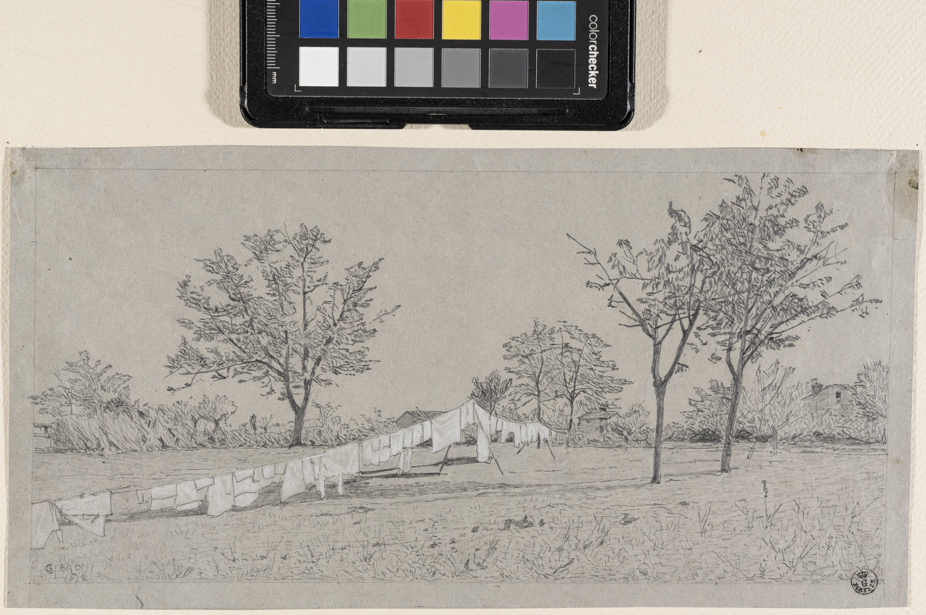 prato con alberi e biancheria stesa (disegno) di Ciardi Guglielmo (XIX)