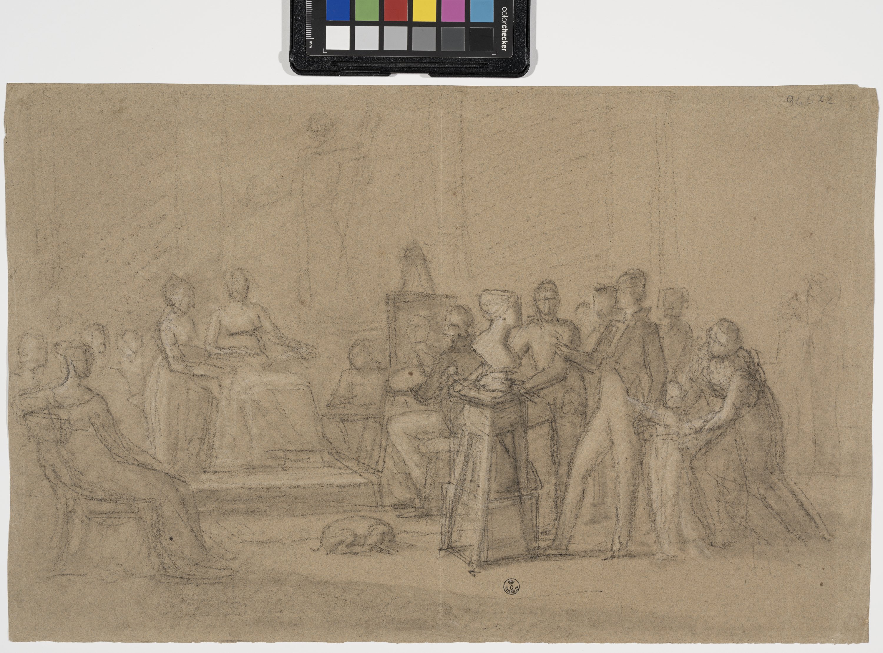 Studio per Elisa Baciocchi Bonaparte circondata dagli artisti a Firenze (r.), Studi di figure per Elisa Baciocchi fra gli artisti, Immacolata Concezione (v.) (disegno) di Benvenuti Pietro (XIX)