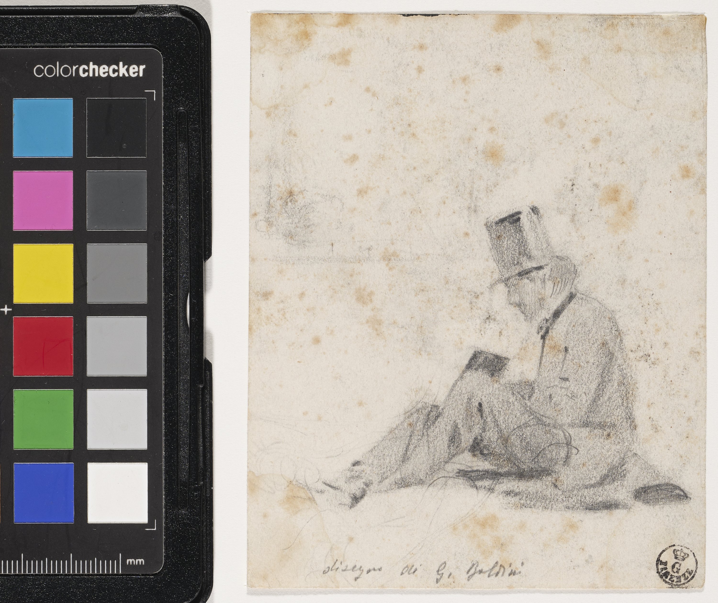 Uomo seduto a terra, con albume e cappello (r.), Schizzo (v.) (disegno) di Boldini Giovanni (terzo quarto XIX)