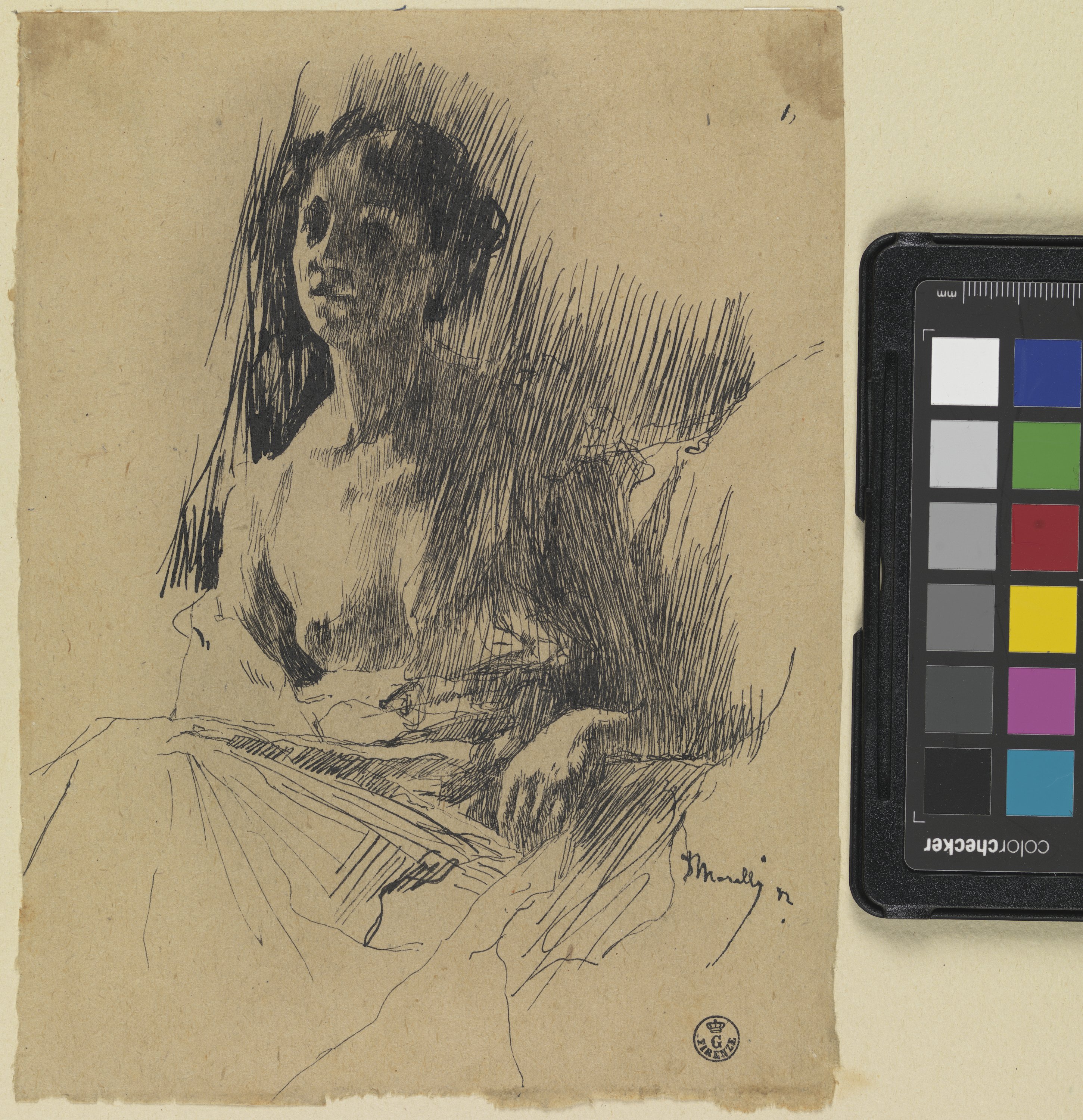 Giovane donna seduta a mezzo busto (disegno) di Morelli Domenico (XIX)