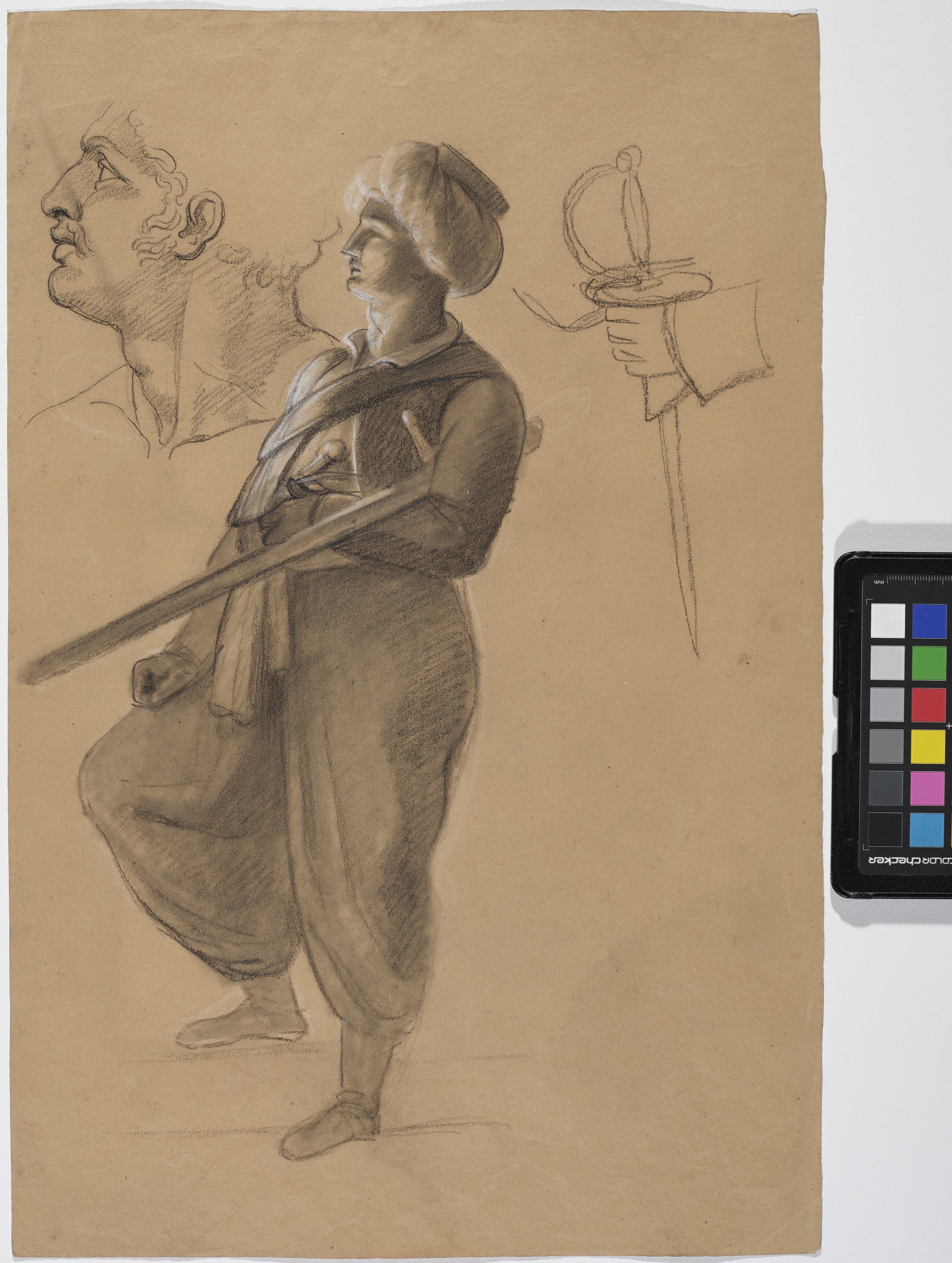 figura maschile con turbante e spada sotto, testa d'uomo, mano con spada (disegno) di Benvenuti Pietro (primo quarto XIX)