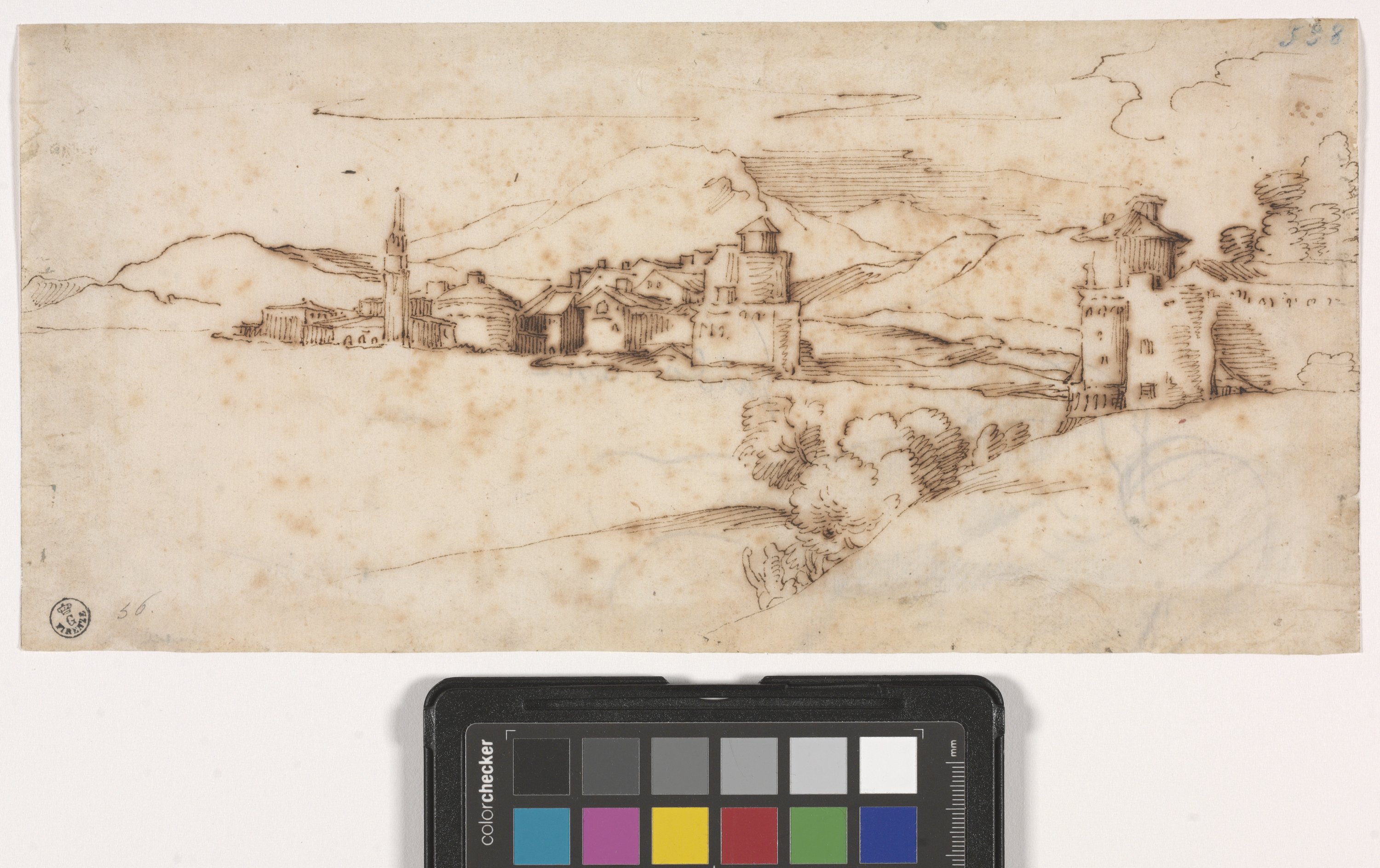 Paesaggio (r.), Abbozzo di figura maschile vista da dietro (v.) (disegno) di Reni Guido (prima metà XVII)