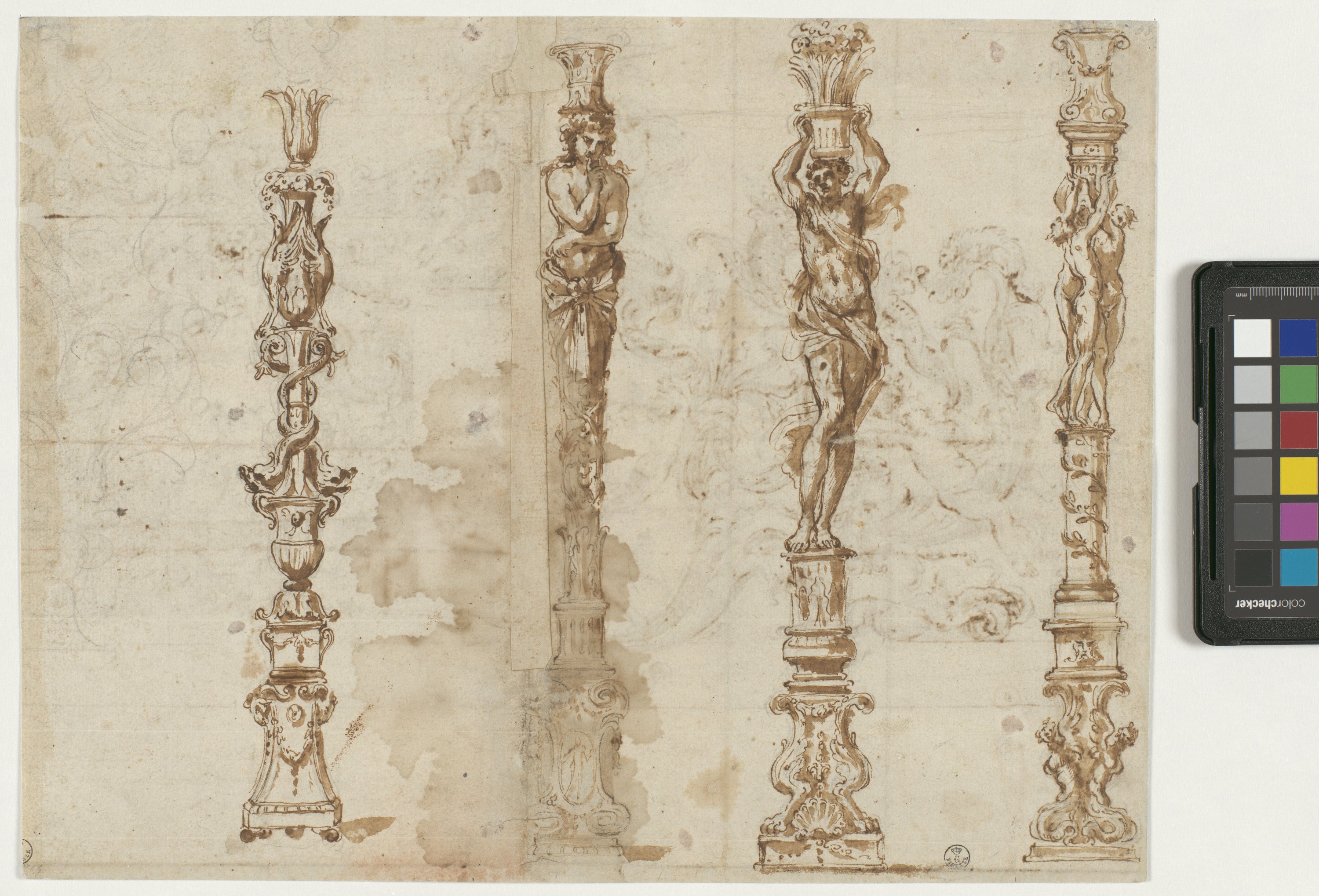 Studi per quattro sostegni (r.), Studio per pannello ornamentale (v.) (disegno) di Algardi Alessandro (prima metà XVII)