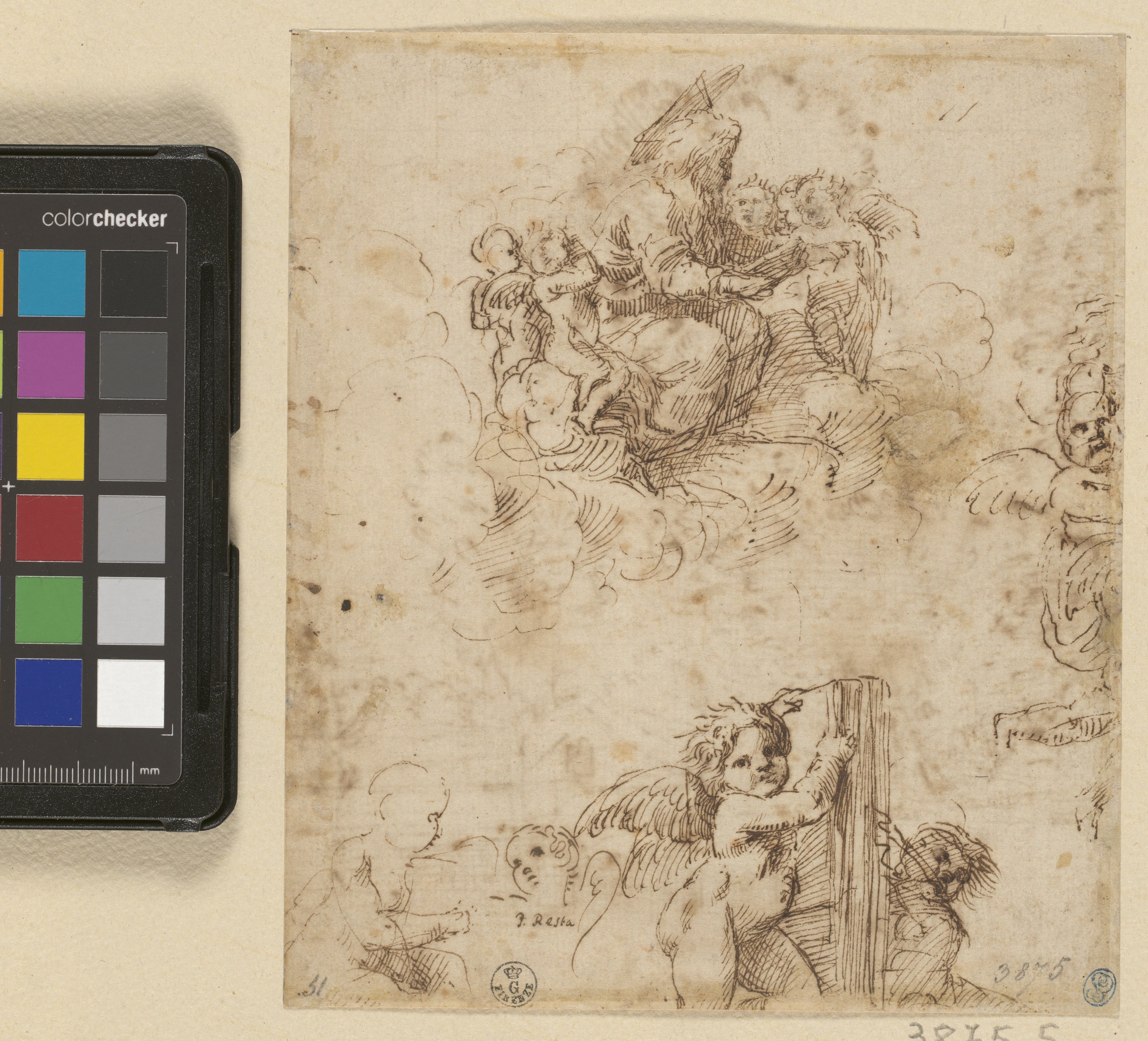 Padre Eterno su nuvole e putti (r.), Paesaggio con alberi (v.) (disegno) di Carracci Agostino (fine XVI)