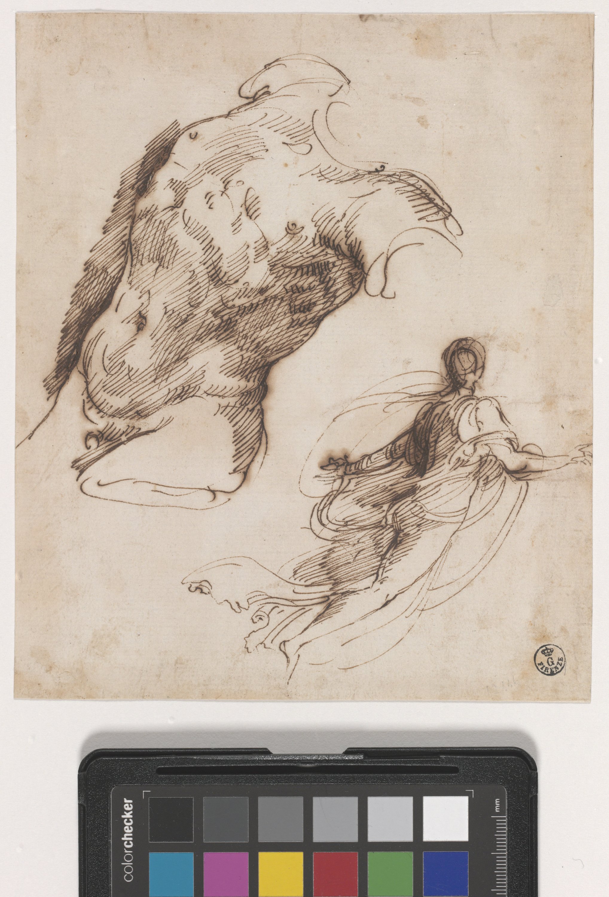 Torso maschile nudo volto a sinistra, figura femminile di spalle (disegno) di Reni Guido (primo quarto XVII)
