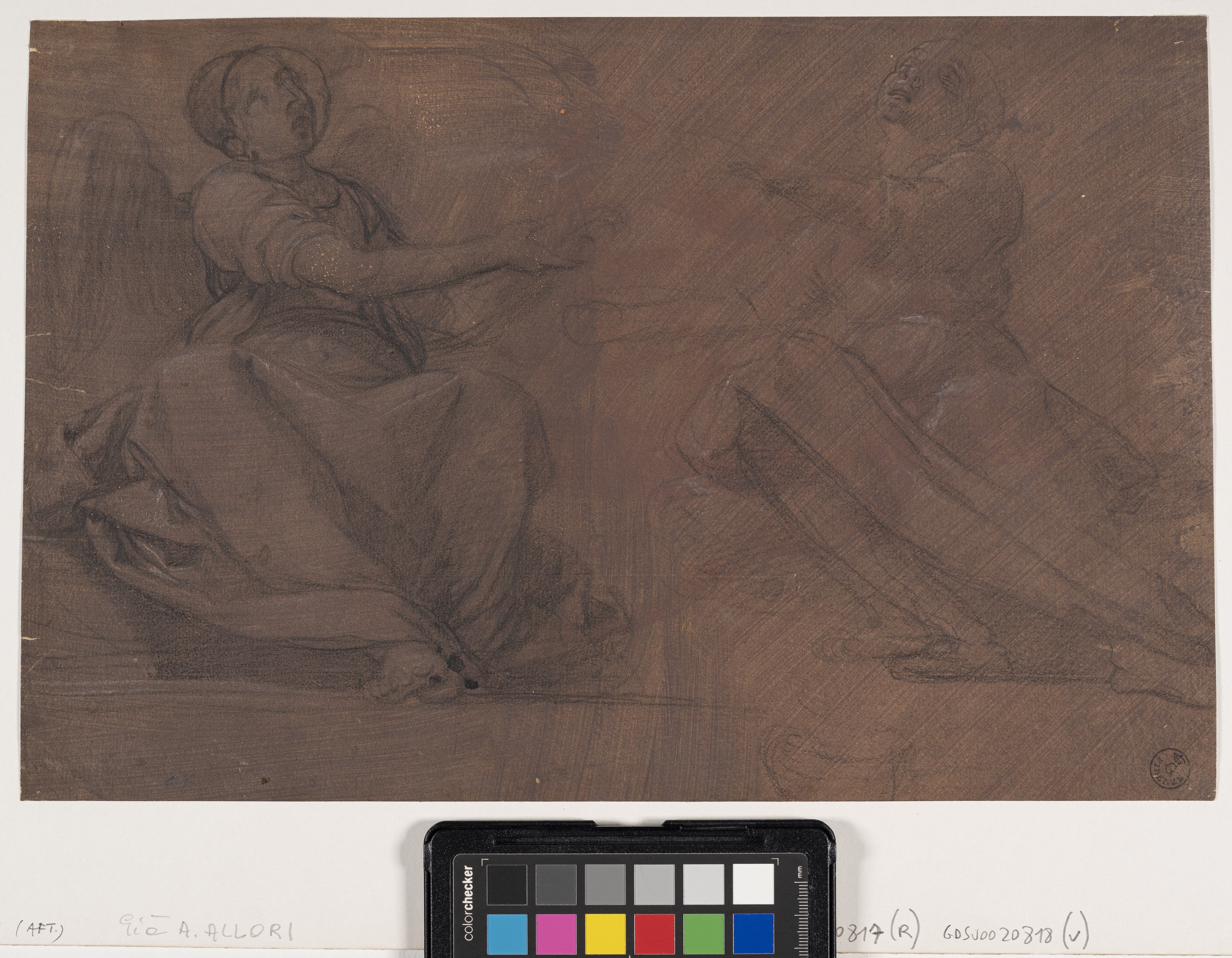 Studio di due angeli seduti di rimpetto all'altro (r.), Studio di figura maschile nuda vista di spalle volta a sinistra (v.) (disegno) di Chimenti Jacopo detto Empoli (fine/ inizio XVI/XVII)