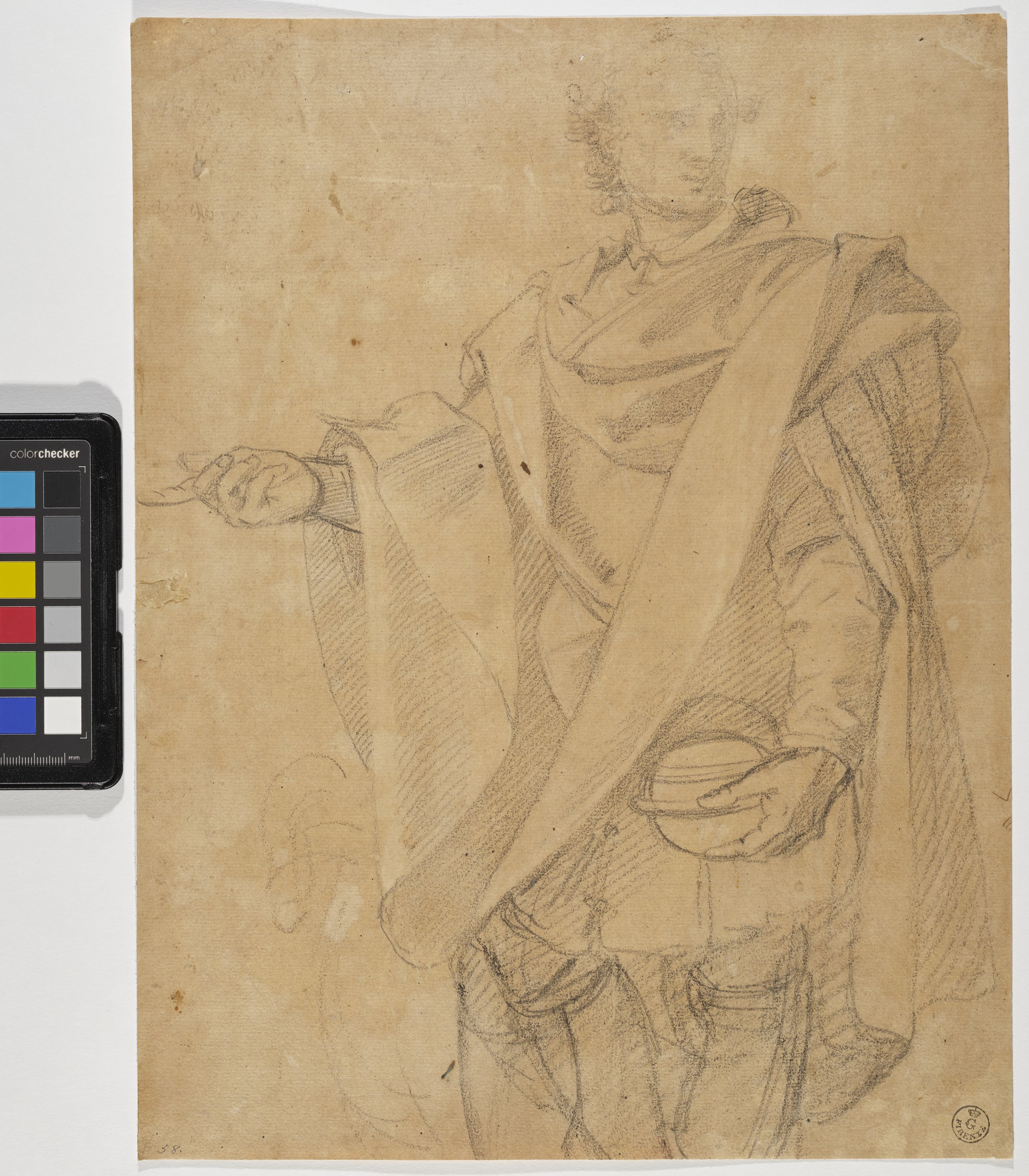 Figura maschile in piedi con mantello (disegno) di Allori Alessandro (metà/ inizio XVI/ XVII)