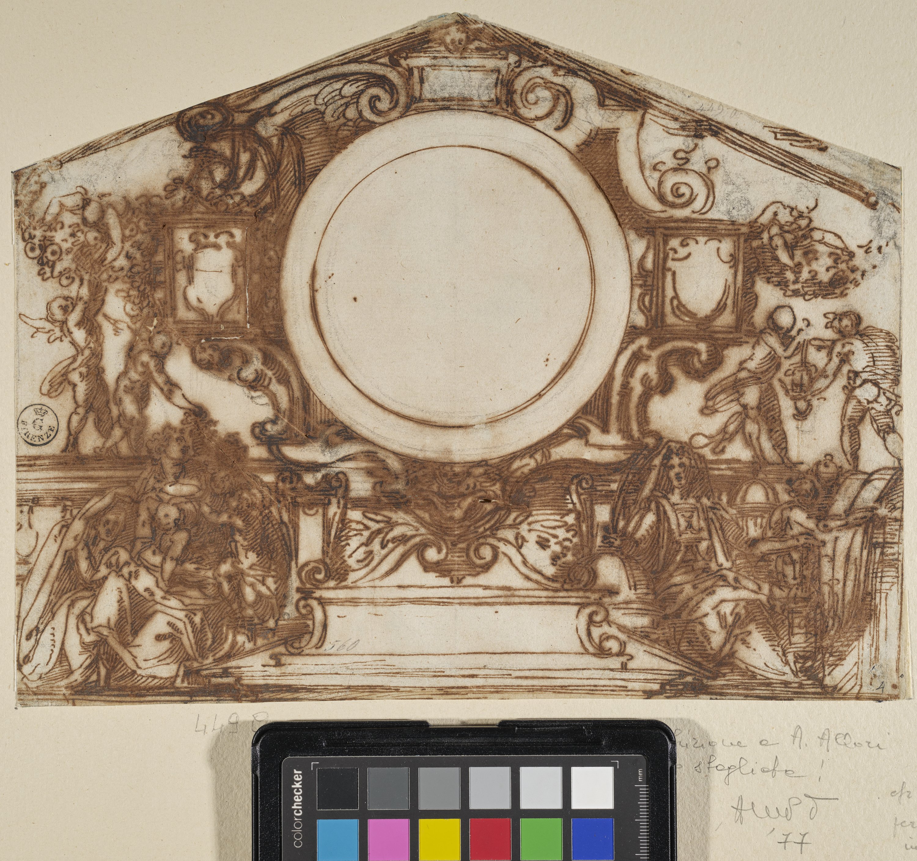 mostra di orologio con figure allegoriche (disegno) - ambito toscano (metà XVI)