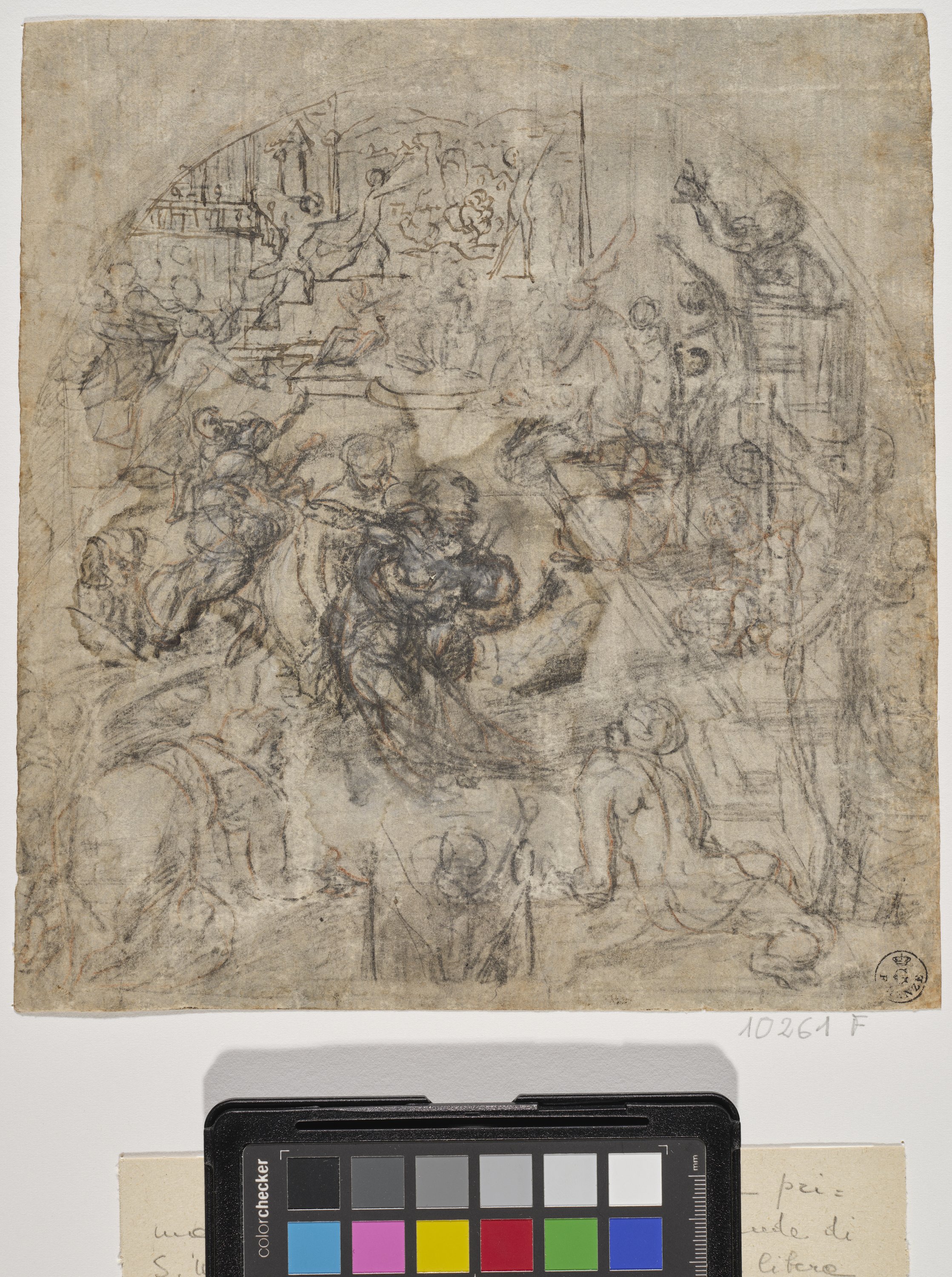 composizione con molte figure in una lunetta (disegno) - ambito toscano (inizio/ fine XVI)