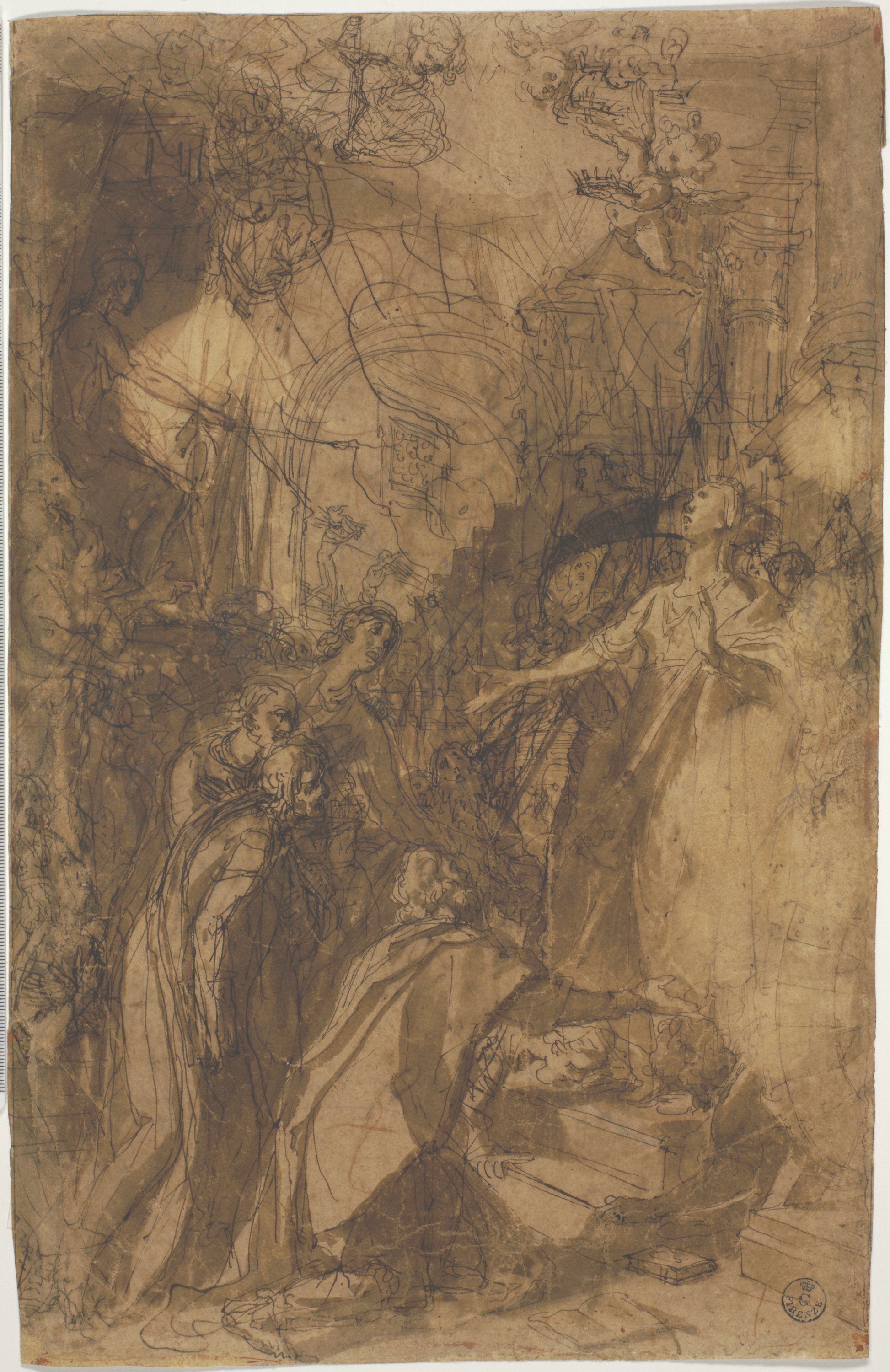 disputa di Santa Caterina d'Alessandria con i filosofi (r.), schizzi di figure (v.) (disegno) di Cardi Ludovico detto Cigoli (inizio XVII)