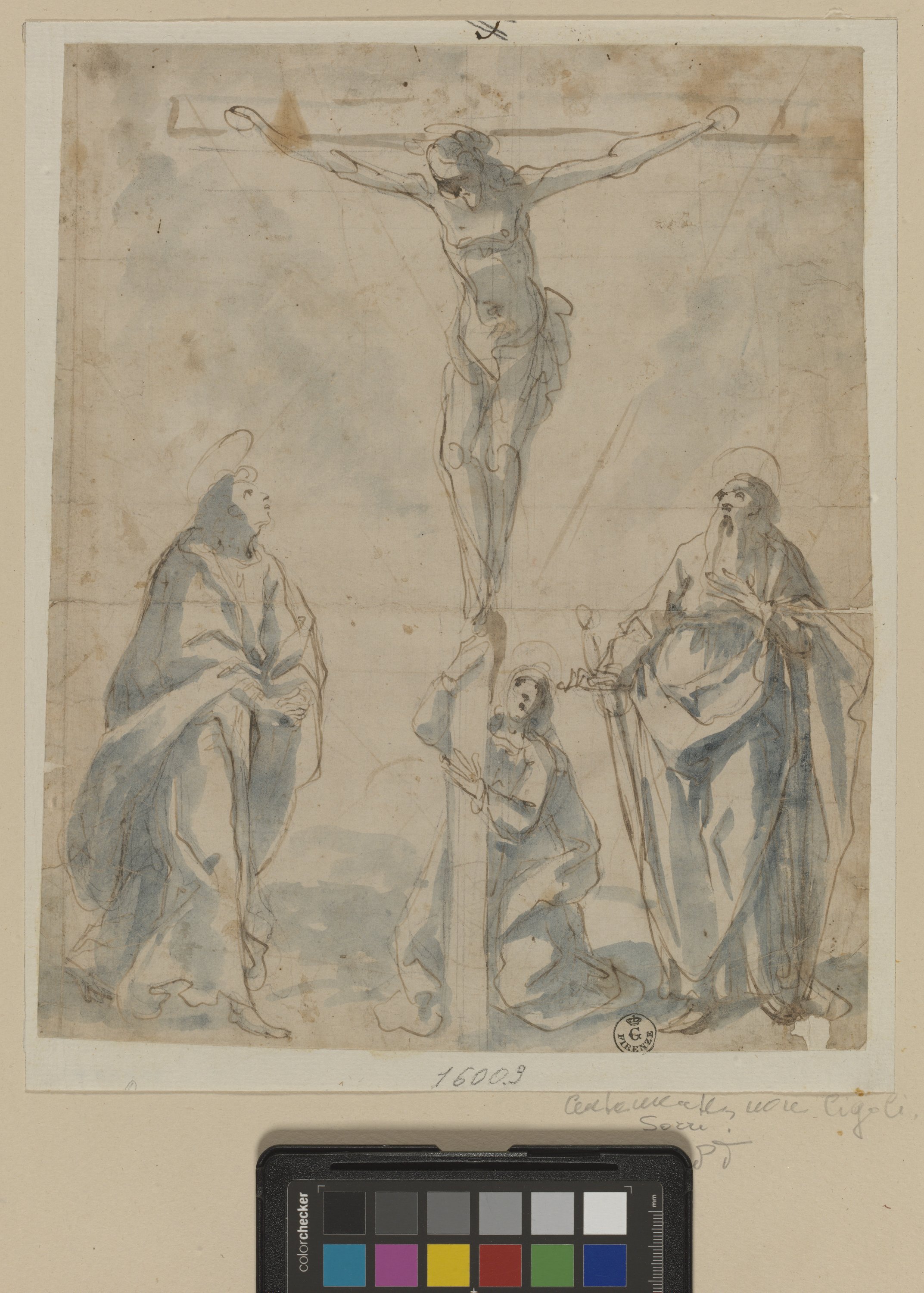 Cristo crocifisso con San Giovanni, San Paolo e Santa Maria Maddalena (disegno) di Cardi Ludovico detto Cigoli (inizio XVII)