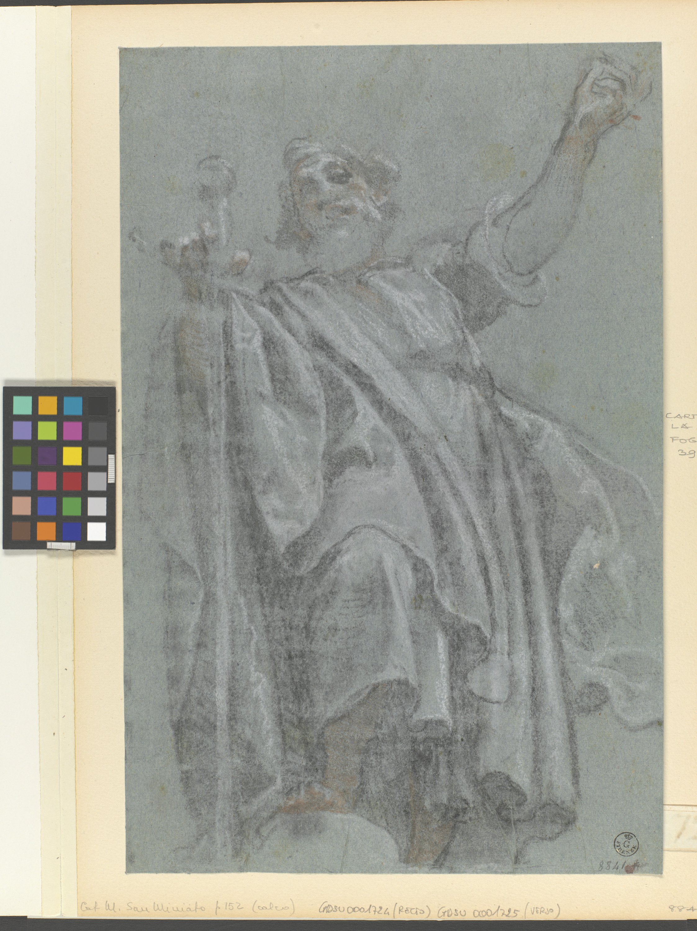 San Paolo seduto con la spada nella mano destra (r.), studio parziale di figura maschile nuda, schizzo di testa (v.) (disegno) - ambito fiorentino (primo quarto XVII)