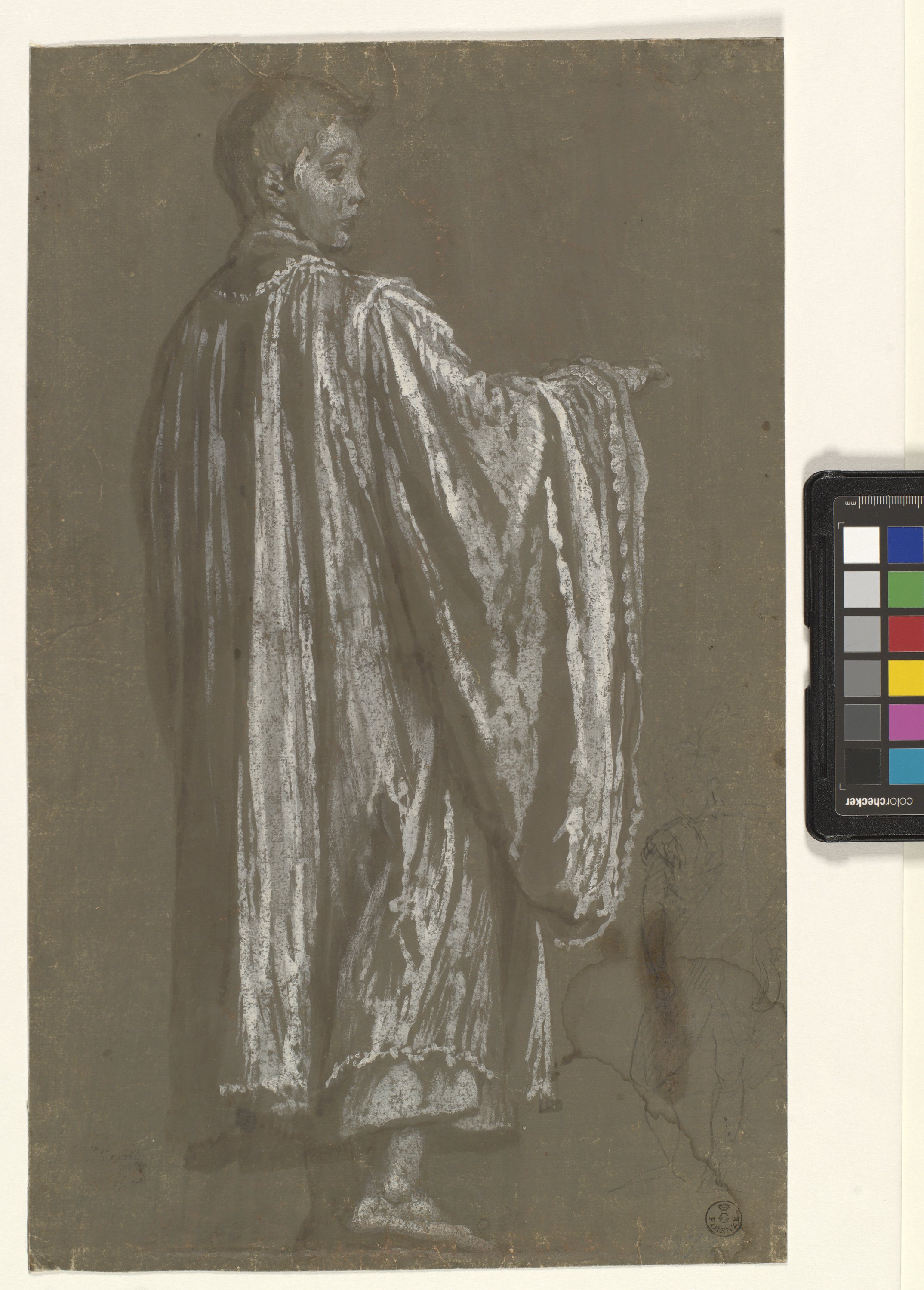 giovane chierico di spalle (r.), schizzo di figura, schizzi architettonici (v.) (disegno) di Cardi Ludovico detto Cigoli (XVI/ XVII)