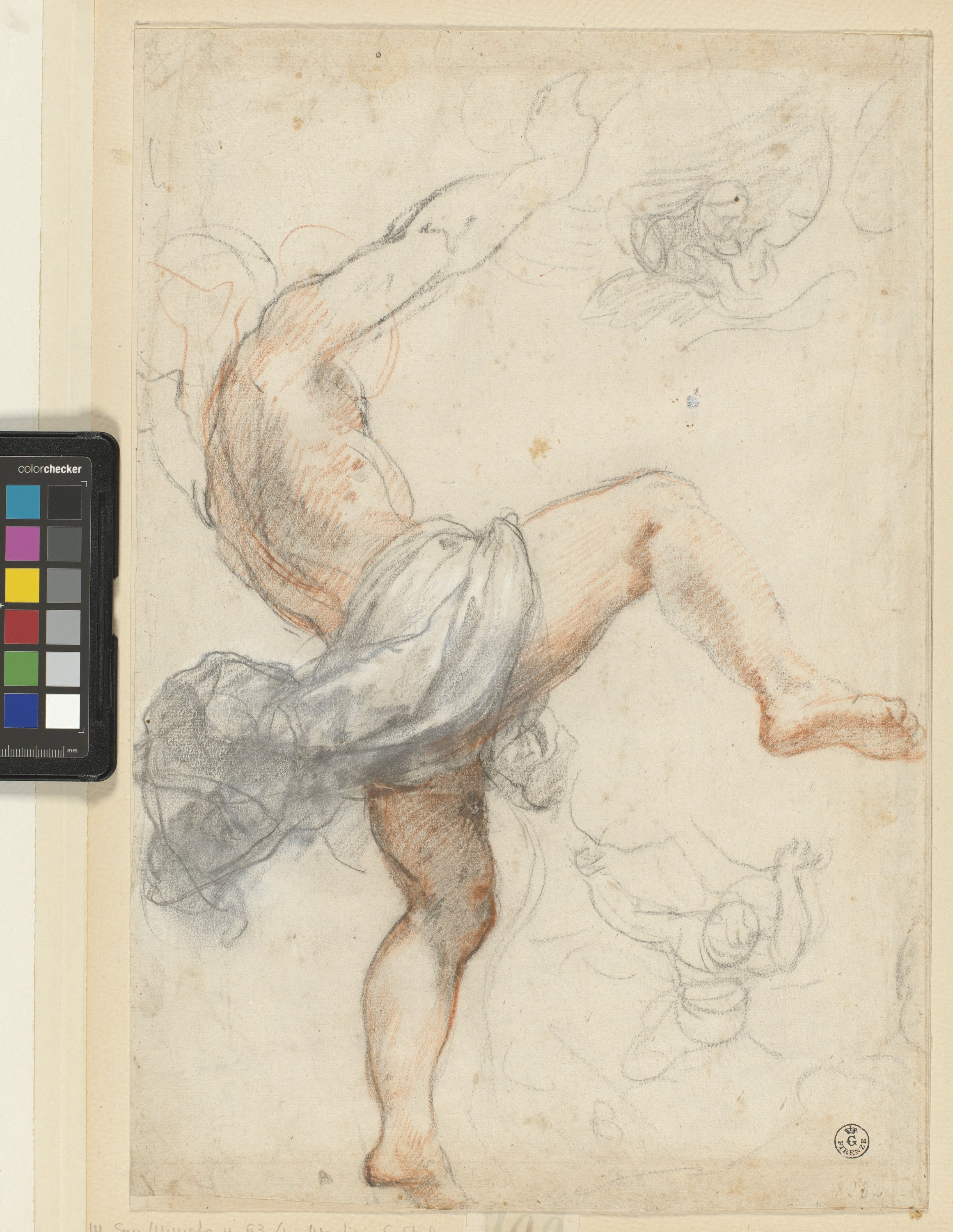 manigoldo in piedi di spalle, schizzi di figura (r.), angelo e putti in volo (v.) (disegno) di Cardi Ludovico detto Cigoli (XVI)