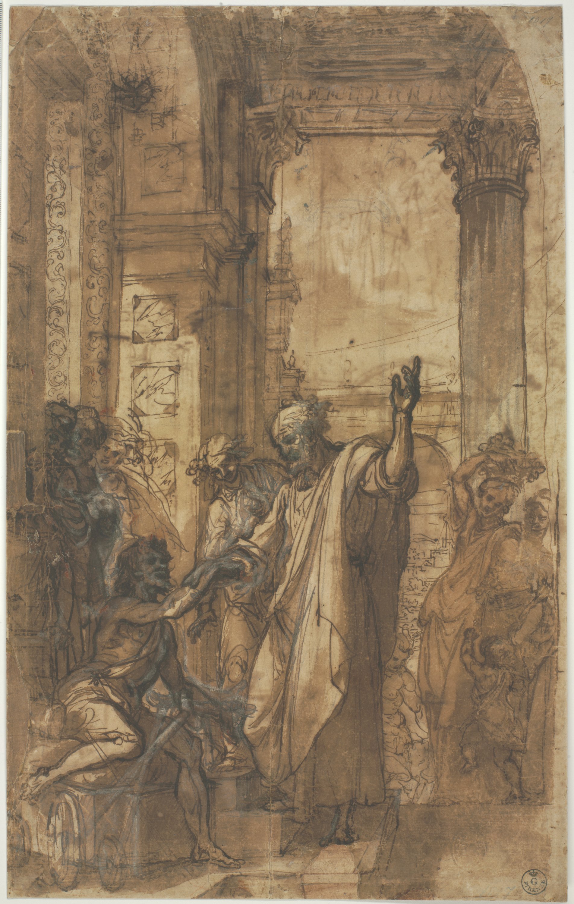 San Pietro guarisce lo storpio (r.), schizzi di figure nude (v.) (disegno) di Cardi Ludovico detto Cigoli (fine/ inizio XVI/ XVII)