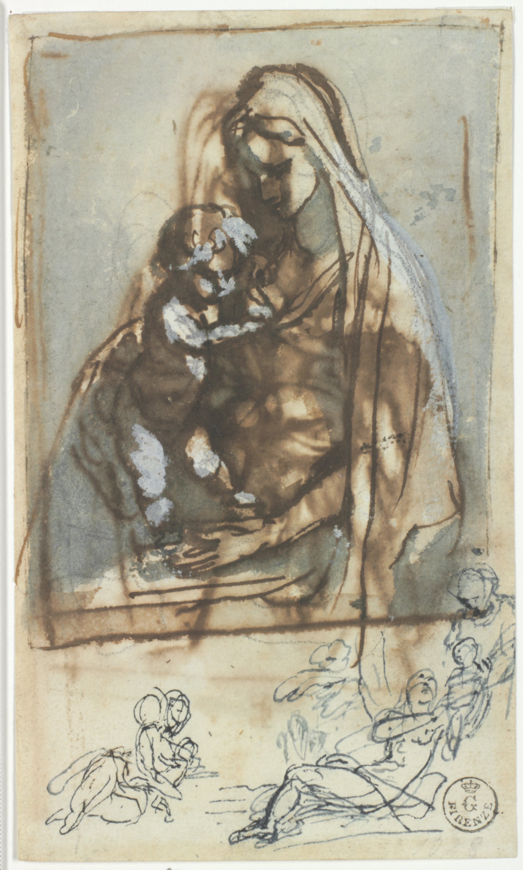 Madonna con in braccio il Bambino, schizzi di figure (r.), Madonna col Bambino in braccio (v.) (disegno) di Cardi Ludovico detto Cigoli (fine/ inizio XVI/ XVII)