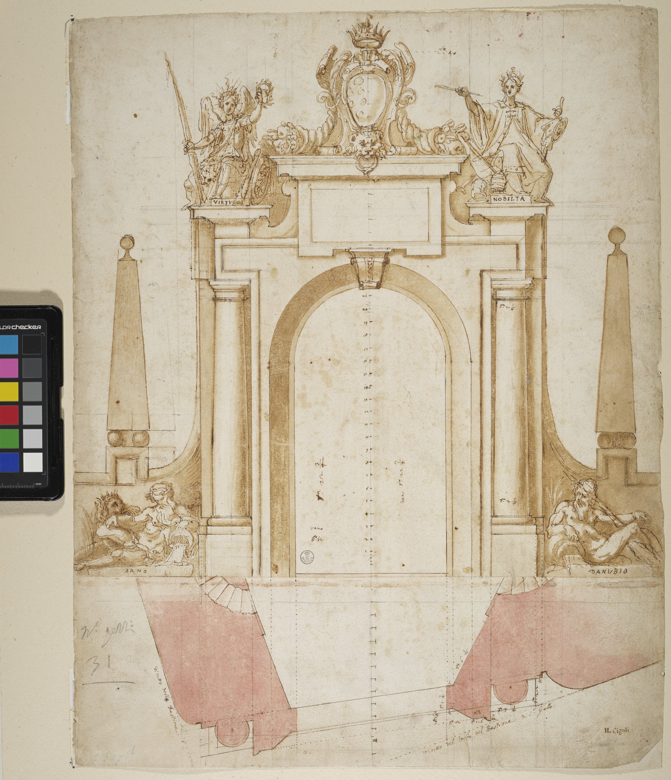 Progetto per un arco trionfale (disegno) di Cardi Ludovico detto Cigoli (bottega) (inizio XVII)