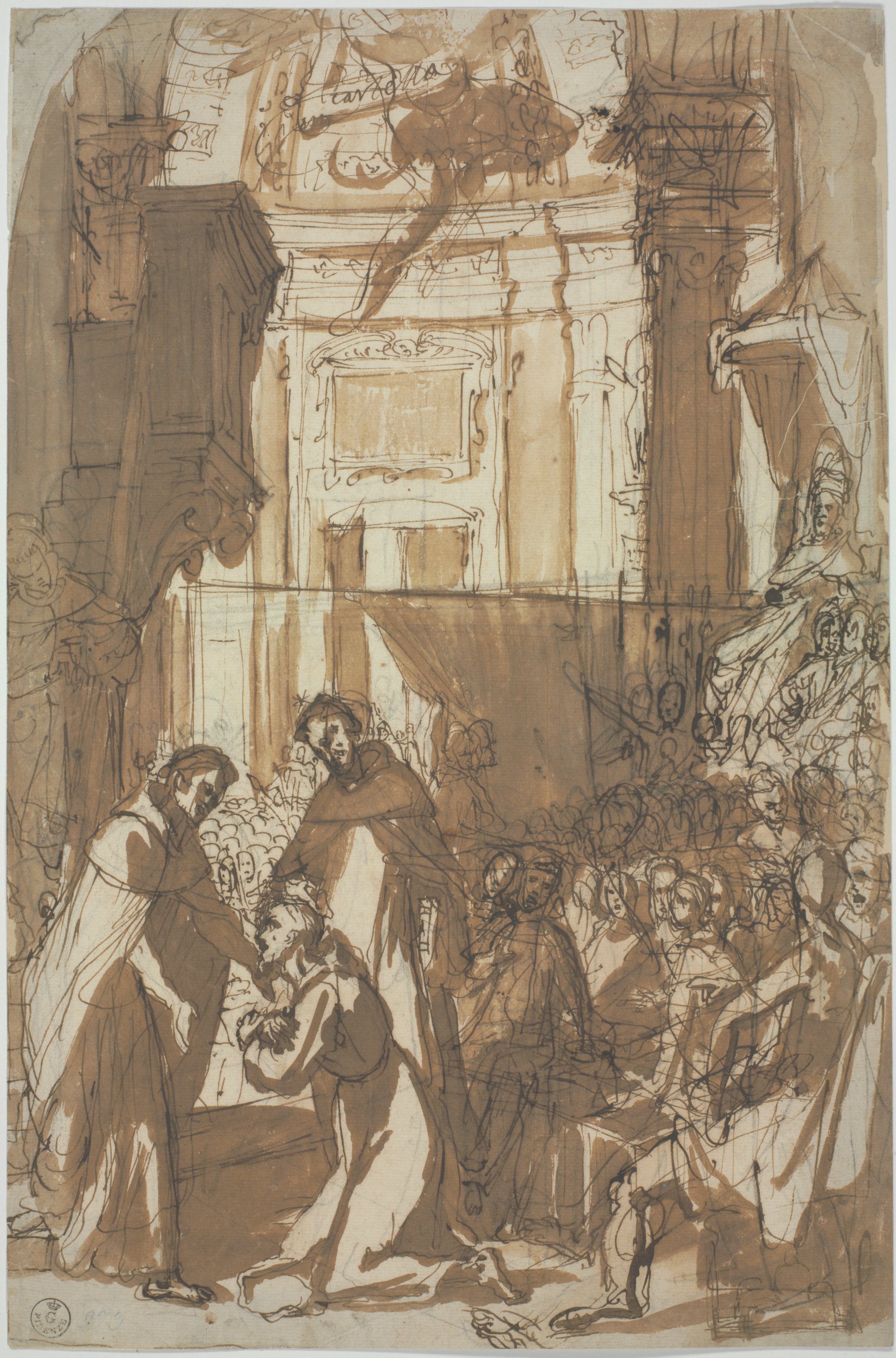 incontro di San Francesco d'Assisi e Sant'Angelo carmelitano alla presenza di San Domenico nella basilica di San Giovanni in Laterano (r.), un francescano inginocchiato (v.) (disegno) di Cardi Ludovico detto Cigoli (fine/ inizio XVI/ XVII)