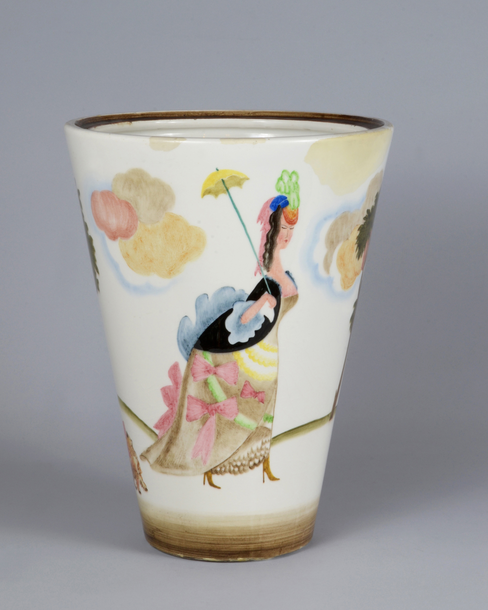 Vaso - Dama e cane, figura femminile con cane (vaso) di Sturani Mario, Fabbrica Lenci (anni trenta sec. XX)