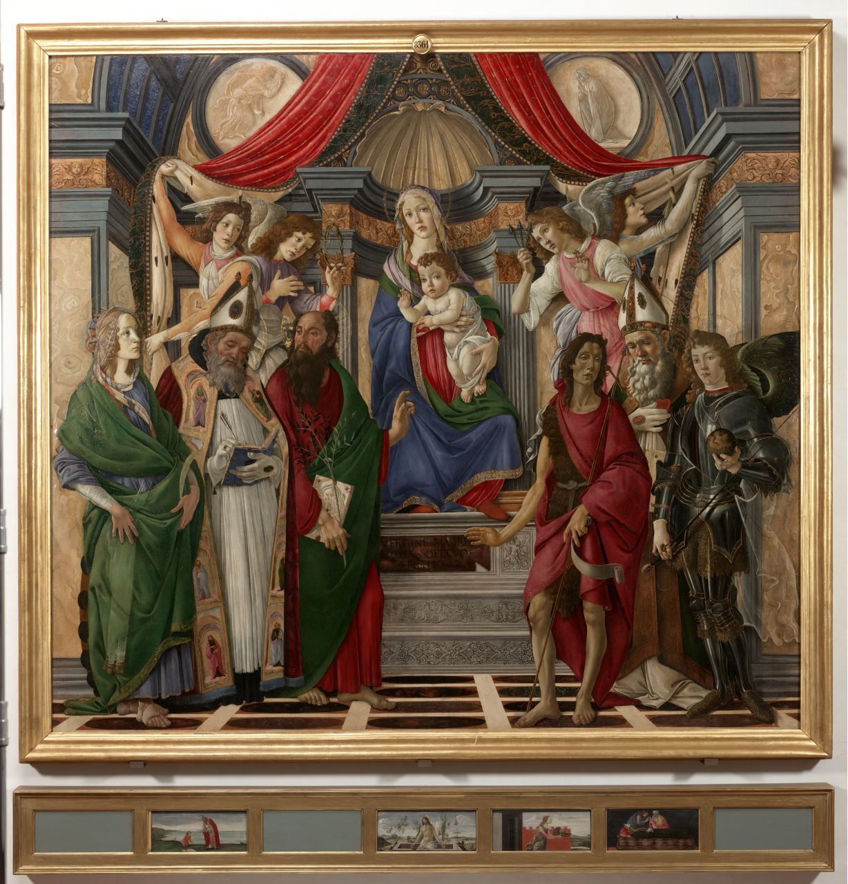 Madonna con Bambino in trono con angeli e Santi, episodi della vita di Santi (pala d'altare, frammento) di Filipepi Alessandro detto Botticelli (sec. XV)