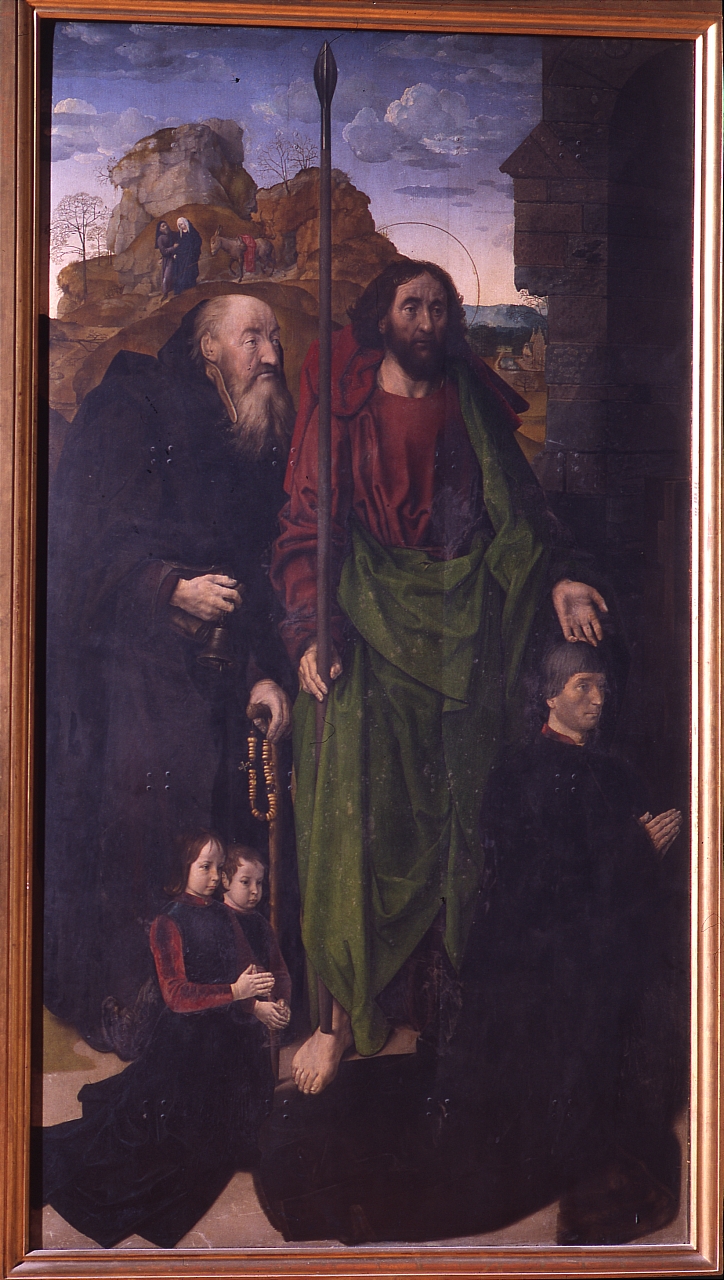 Tommaso Portinari con i figli Antonio e Pigello, Sant'Antonio Abate, San Tommaso, fuga in Egitto (scomparto di trittico) di Van der Goes Hugo (sec. XV)