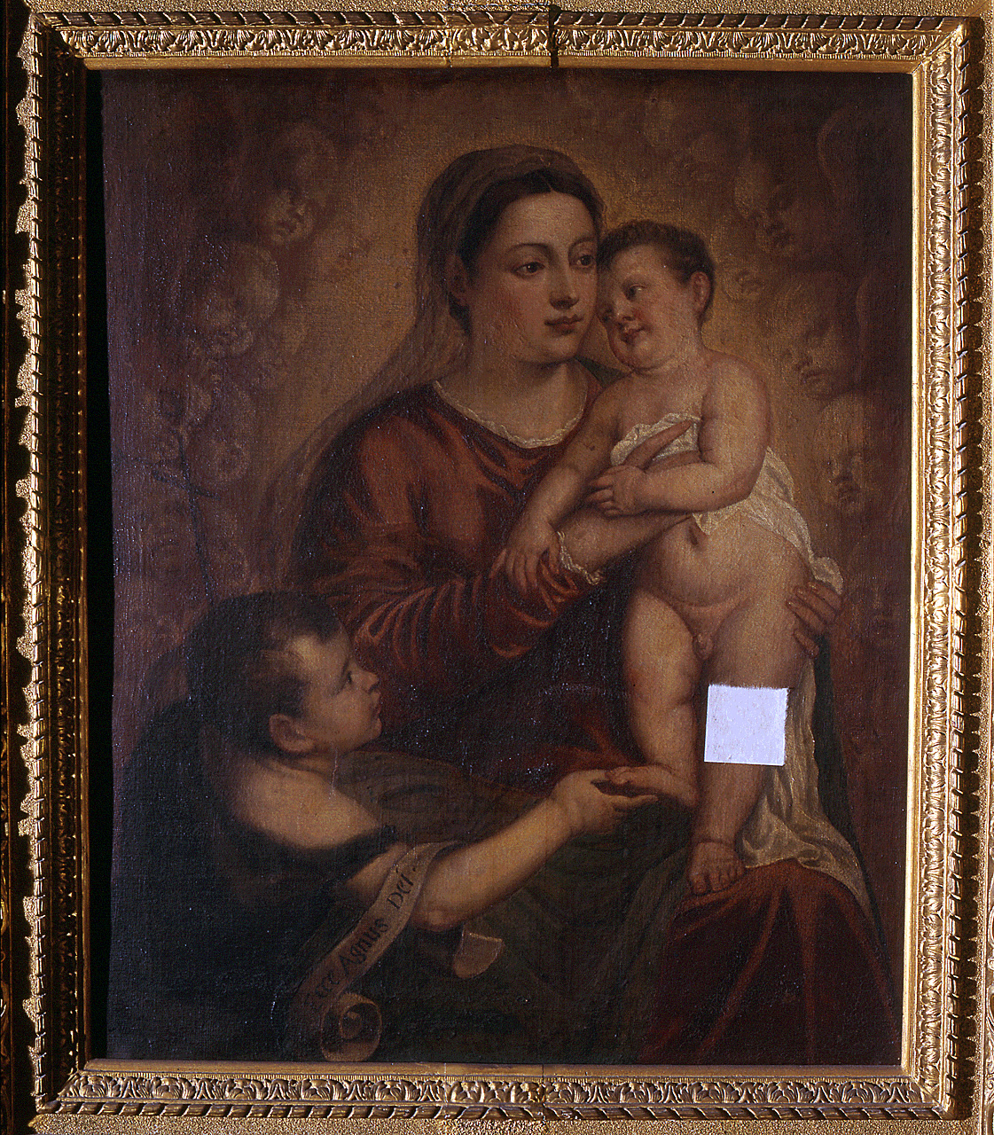 Madonna con Bambino e San Giovannino (dipinto) di Vecellio Tiziano (bottega) (sec. XVI)