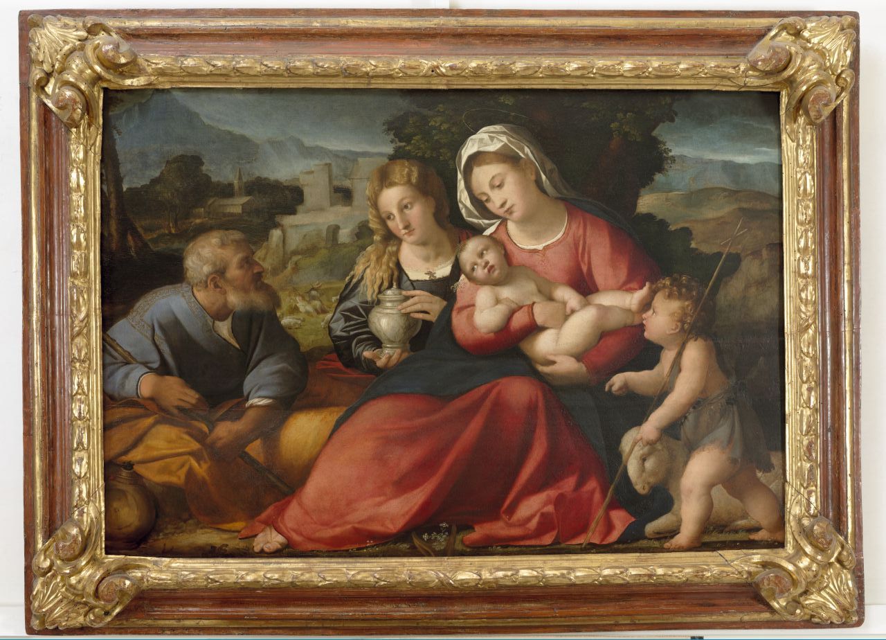 Sacra Famiglia con San Giovanni Battista bambino e Santa Maria Maddalena (dipinto) di Negretti Jacopo Antonio detto Palma il Vecchio (sec. XVI)
