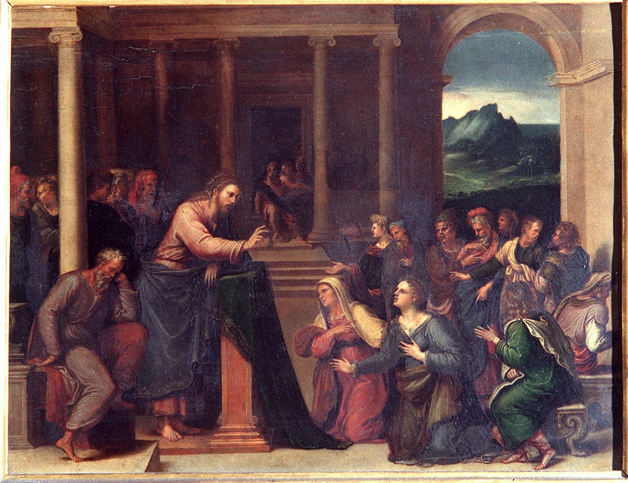 Cristo in casa di Santa Marta e Santa Maria Maddalena (dipinto) di Girolamo da Carpi, Pupini Biagio detto Biagio dalle Lame (sec. XVI)