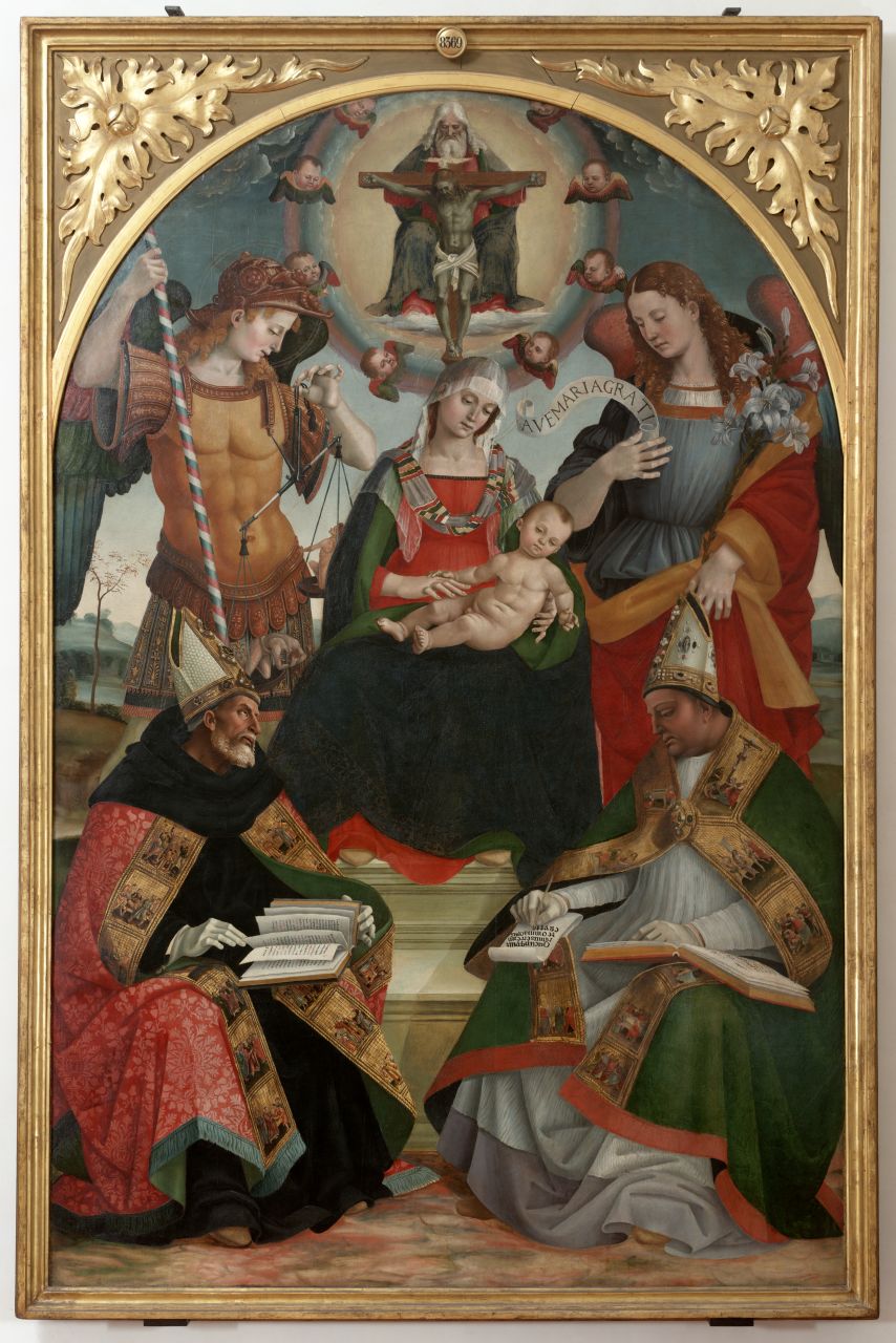 Madonna con Bambino con la Trinità, Sant'Agostino e Sant'Atanasio d'Alessandria (dipinto) di Signorelli Luca (sec. XVI)