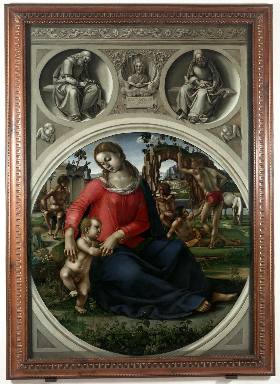 Madonna con Bambino e figure maschili (dipinto) di Signorelli Luca (sec. XV)