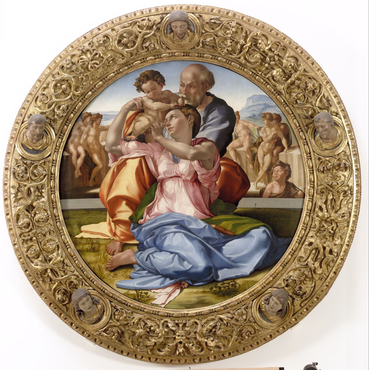 Tondo Doni, Sacra Famiglia con San Giovanni Battista bambino (dipinto) di Buonarroti Michelangelo (sec. XVI)