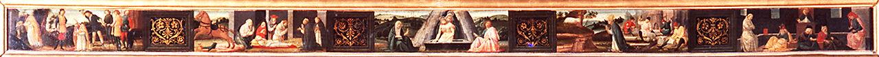 Madonna con Bambino in trono con Santi e angeli, episodi della vita di Santi (dipinto) di Bigordi Domenico detto Domenico Ghirlandaio, Bartolomeo di Giovanni (sec. XV)