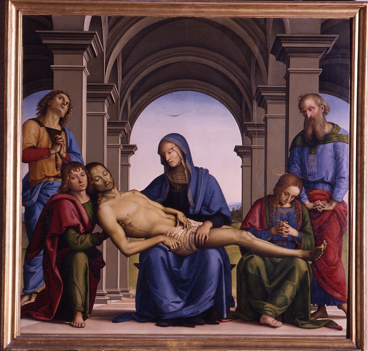 pietà con San Giovanni Evangelista, San Giovanni d'Arimatea e Santa Maria Maddalena (dipinto) di Vannucci Pietro detto Perugino (sec. XV)