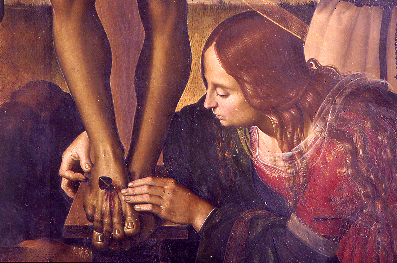 Cristo crocifisso con Santa Maria Maddalena e Santi (dipinto) di Signorelli Luca, Vannucci Pietro detto Perugino (sec. XV) 