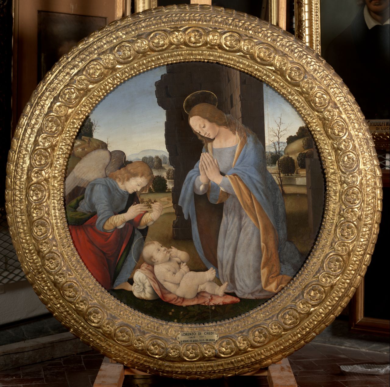adorazione di Gesù Bambino (dipinto) di Lorenzo di Credi (bottega) (sec. XVI)