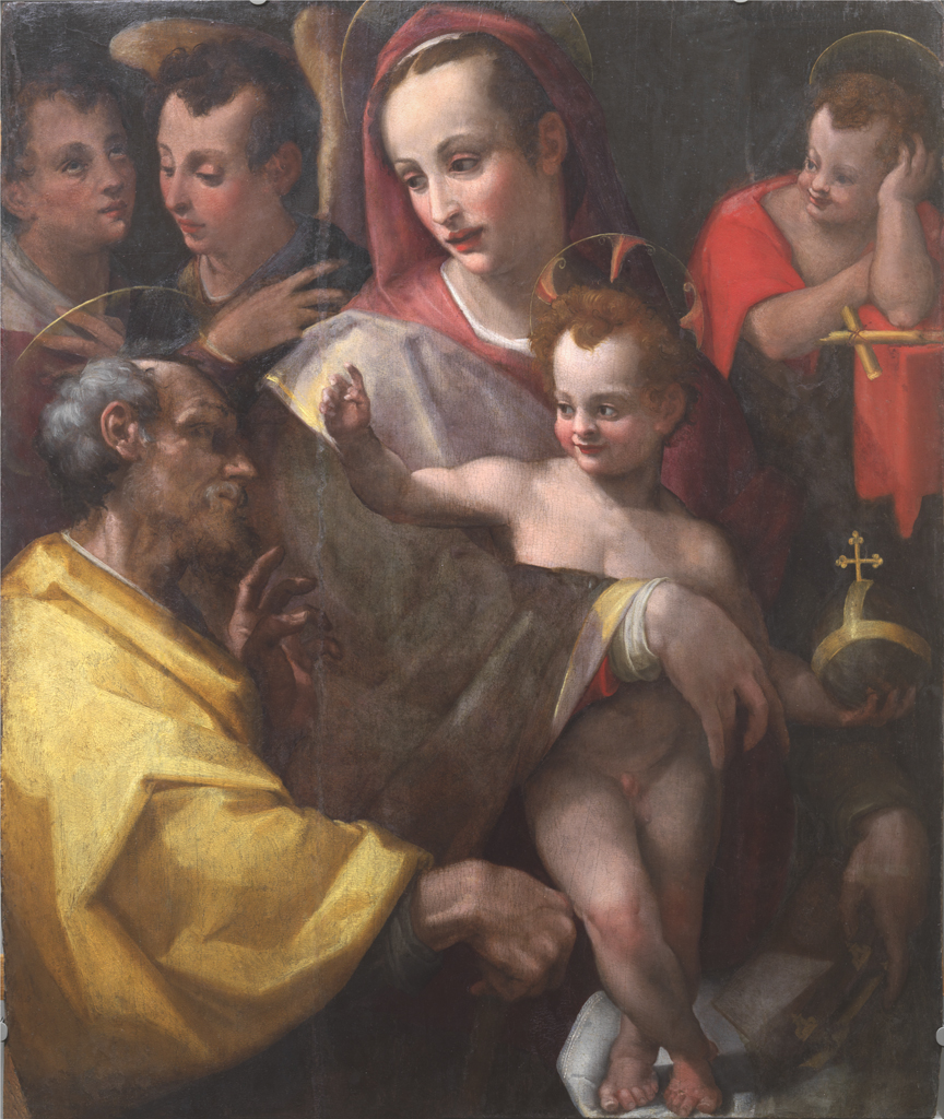 Sacra Famiglia, san Giovannino e due santi (dipinto, opera isolata) di Portelli Carlo (attribuito) (sec. XVI)