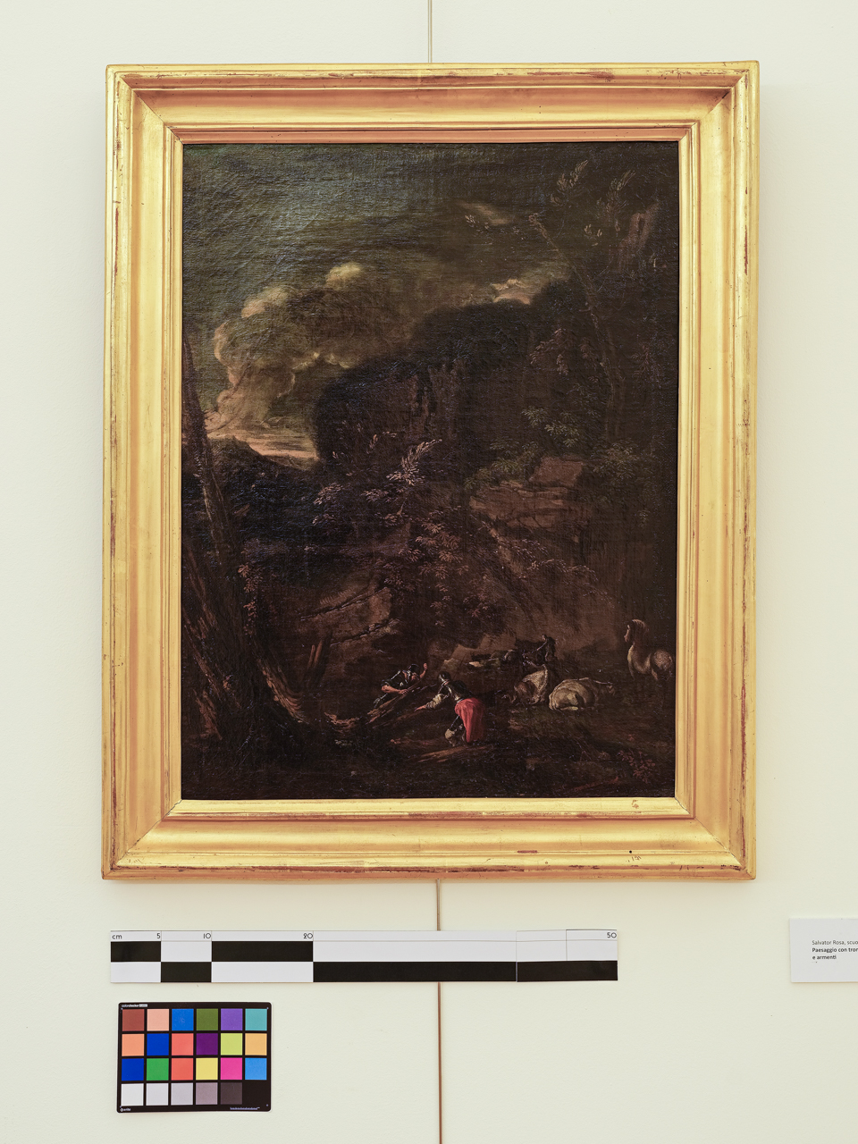 Paesaggio con soldati e armenti, Paesaggio con tronchi d’albero, soldati, cavalli e armenti (dipinto) di Rosa Salvator (bottega) (seconda metà XVII)