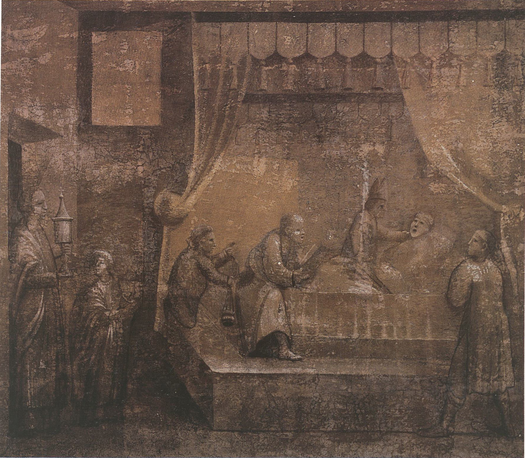 Morte della madre Monica / Agostino impartisce il sacramento della comunione a un moribondo, Storie di s. Agostino (dipinto - affresco, ciclo) di Scipioni Jacopino (attribuito) - ambito bergamasco (prima metà XVI sec)