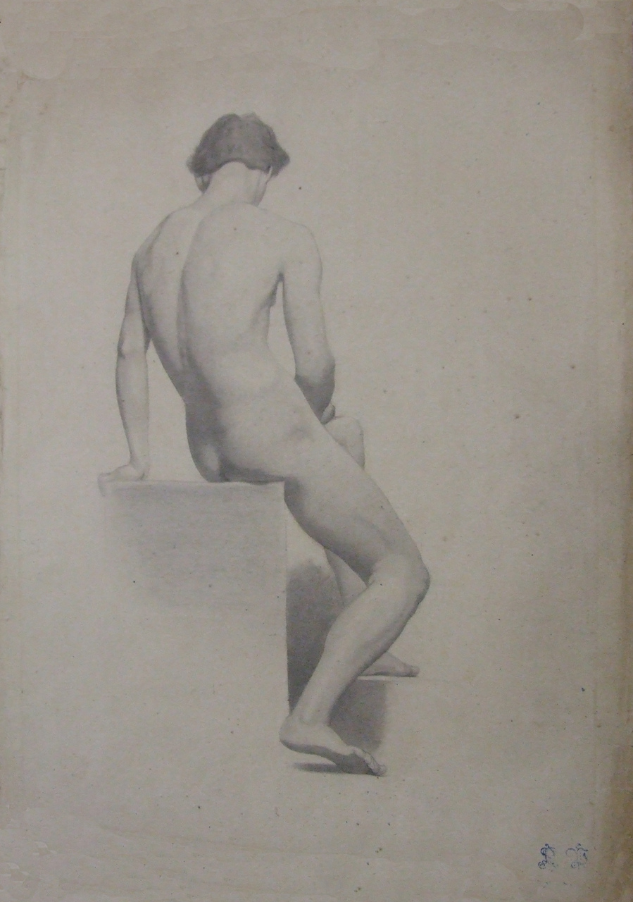 nudo maschile seduto visto da dietro (disegno) di Aldi Pietro (XIX)